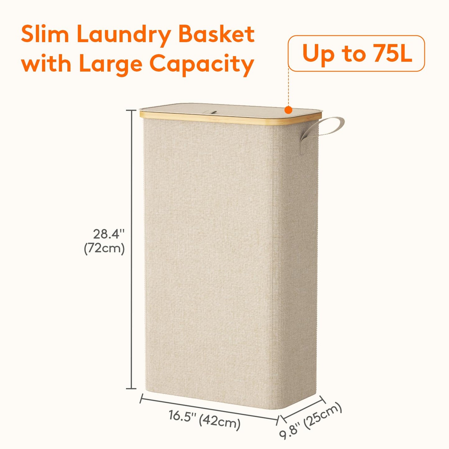 Lifewit 75L Slim Laundry Hamper with Lid, Narrow Laundry Basket with Removable Bag & Bamboo Handles, Fodable Thin Dirty Clothes Hamper for Laundry Collapsible Bin for Bathroom Bedroom Dorm, Beige