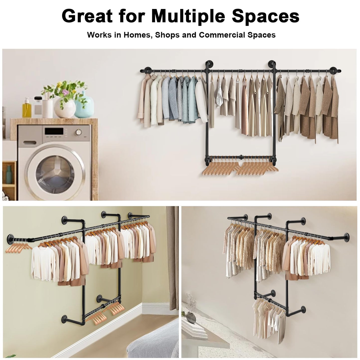Livabber Industrial Pipe Clothes Rack, Heavy Duty Detachable Iron Garment Rack Wall Mounted, Rustic Saving Space Clothes Bar Multi-Purpose Hanging Rod for Bedroom, Closet, 2 Tier, Black (82 Inch)
