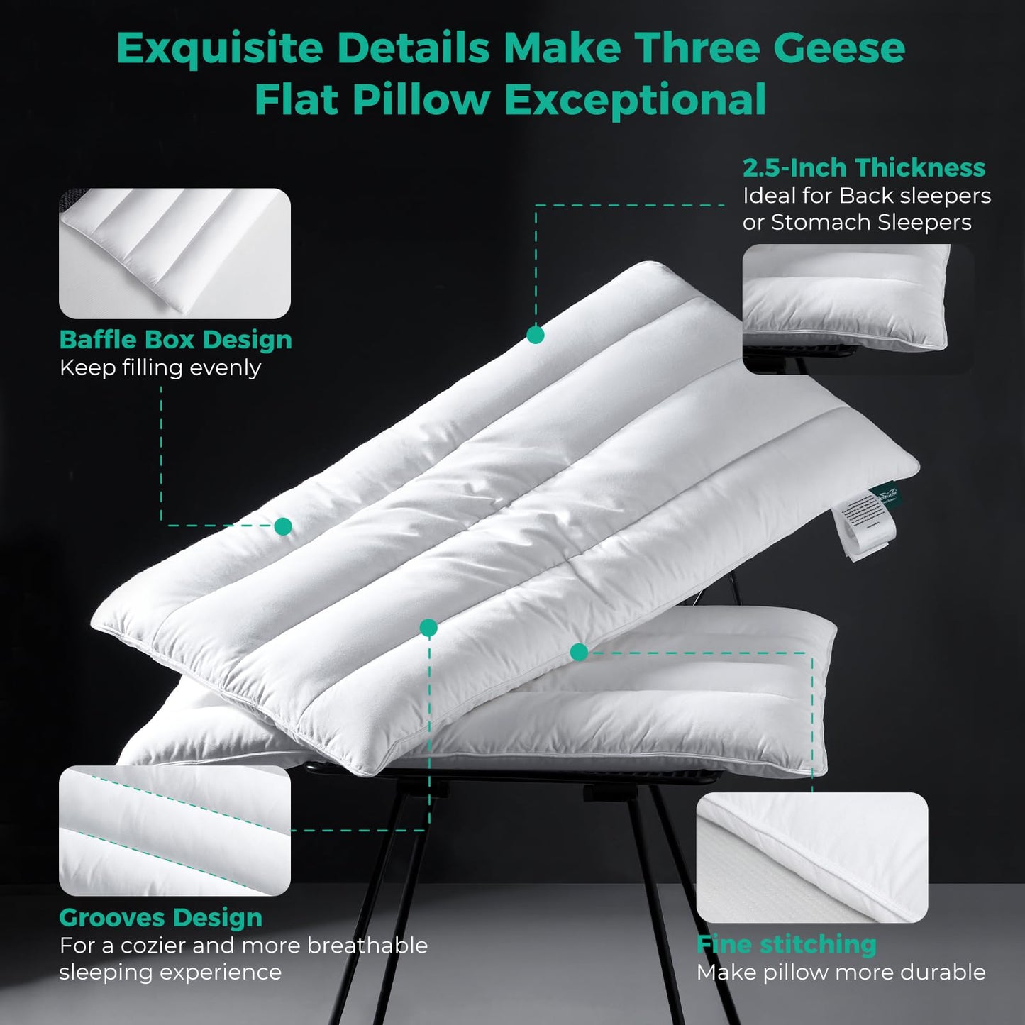 Three Geese Luxury Natural Flat Thin Goose Feather Down Pillows Standard Size, 2.5" Height, 100% Organic Cotton Cover, Medium Firm Hotel Collection Ultra Slim Thin Bed Pillows, Machine Washable
