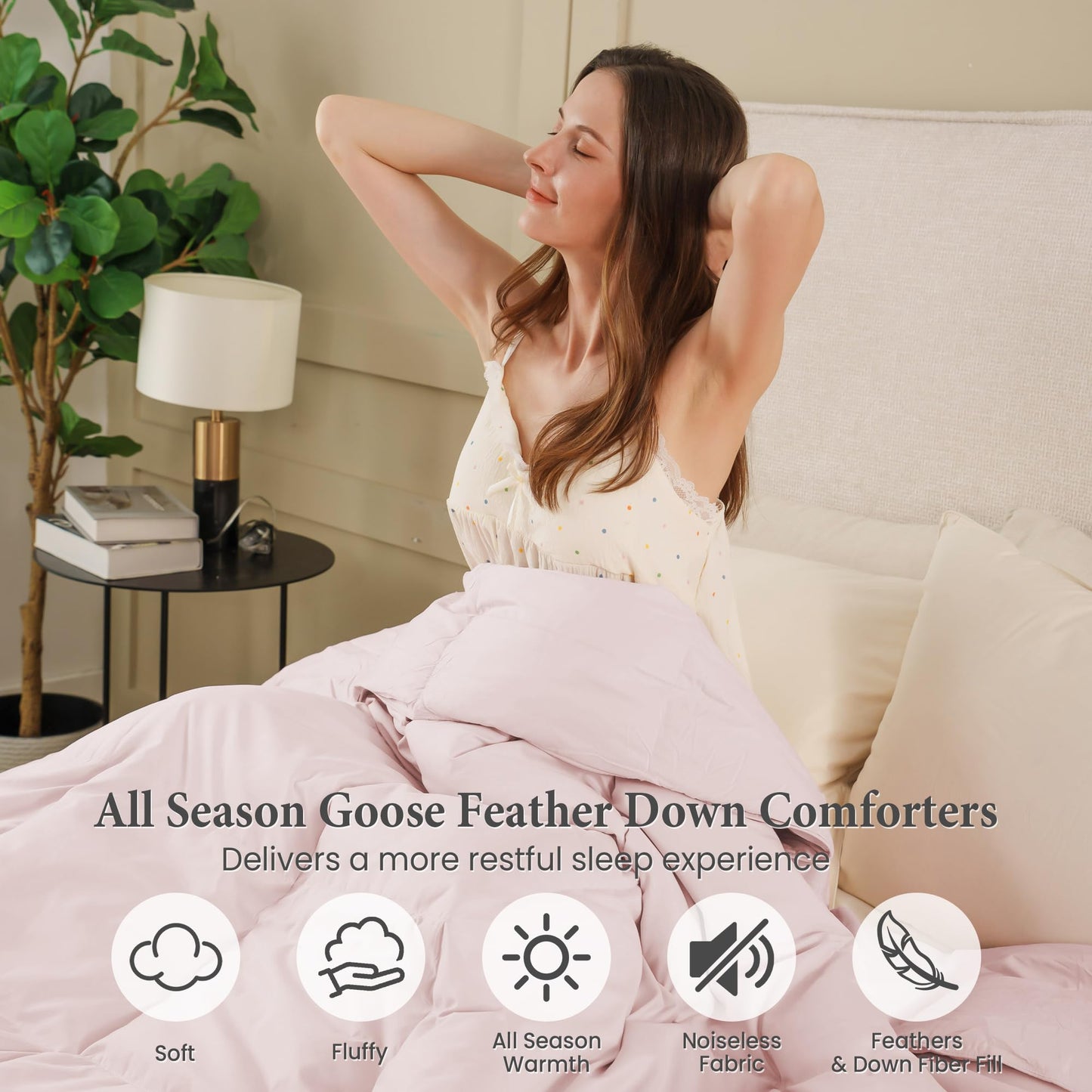Joysoul Queen Size Down Comforter - All Season Ultra Soft Goose Down & Feather Fiber Fill, Luxury Hotel Pink Duvet Insert with Corner Tabs (88" X 88")
