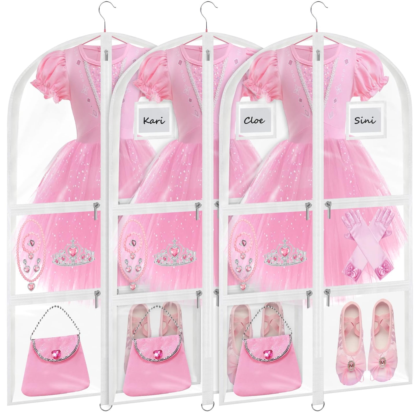 Wsaeig Garment Bags for Dance Costumes - 40 Inch Clear PVC with 5 Zipper Pockets (3 Pack, White) - Kids Dance Garment Bag for Dancers, Hanging Clothes Storage, Competitions & Travel (‎Clear White)