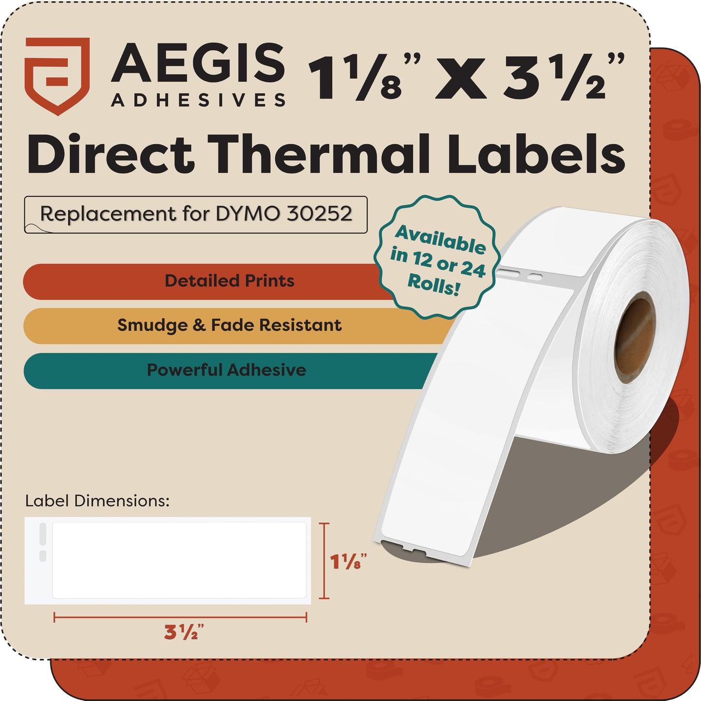 Aegis Adhesives - Replacement for DYMO 30252 (24 Rolls, 8400 Labels) 1 1/8" X 3 1/2" Direct Thermal Address Labels - Compatible with LabelWriter 450, 450 Turbo, 4XL Printers (NOT 550, 5XL)