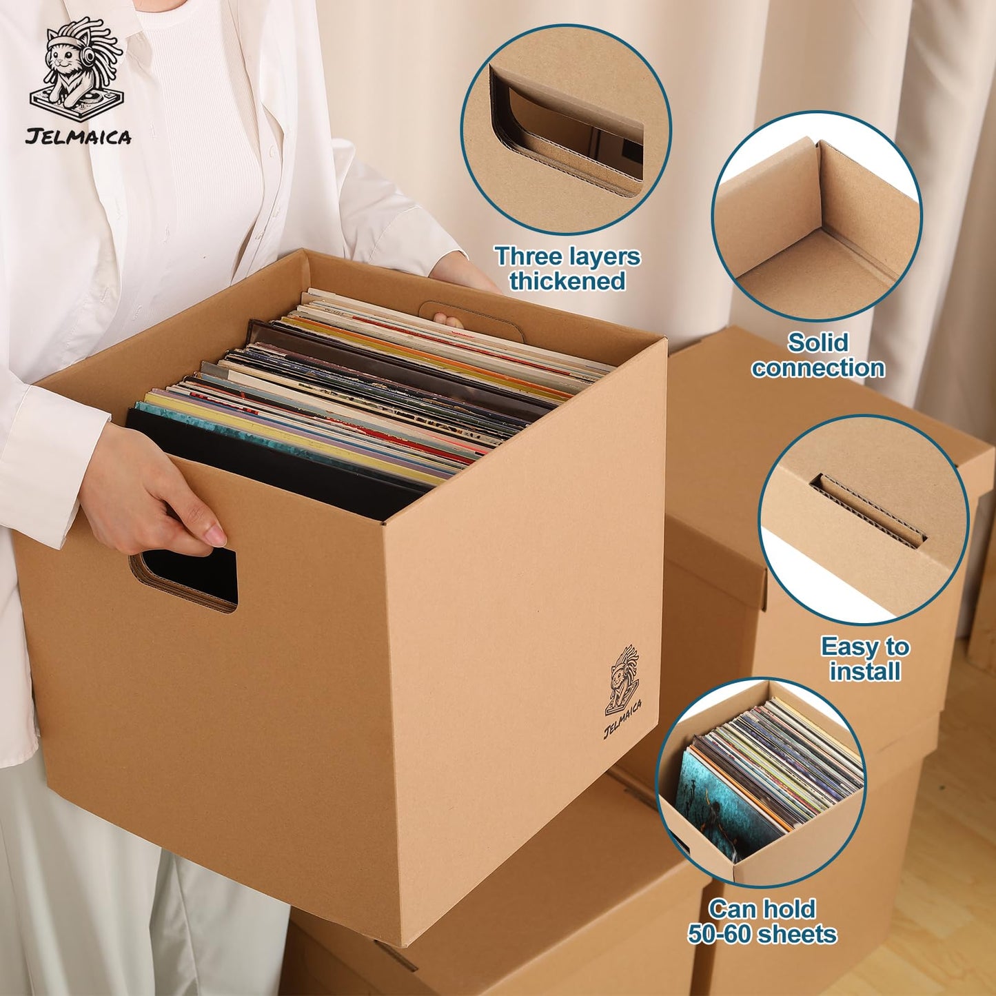 Jelmaica 12" Vinyl Record Storage and Moving Box - Sturdy Cardboard with Removable Lid - Holds up to 60 Records or Laser Discs - Set of 2 Boxes (2) (2)