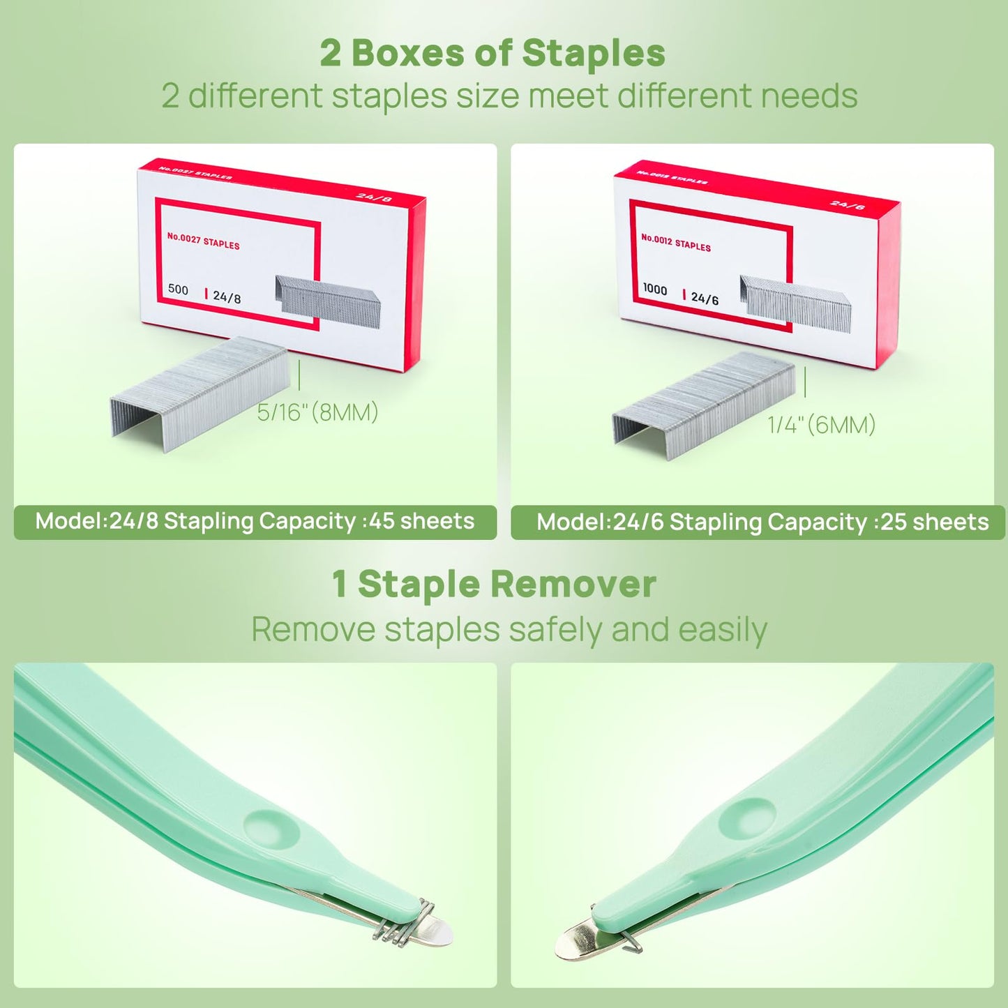 Electric Stapler for Desk Value Pack, 45 Sheet Capacity, Includes 1500 Staples & Staple Remover, No-Jam, Faster Stapling, AC Adapter Powered, Saga Green