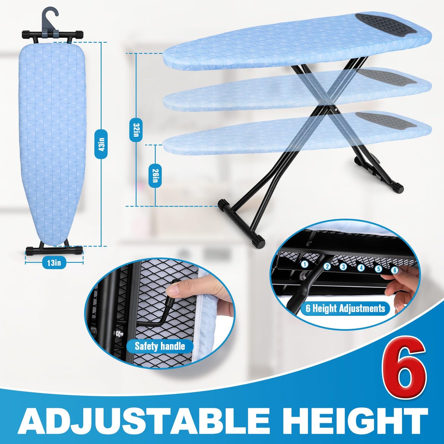 Ironing Board with Silicon Iron Mat Heavy Metal Frame Legs Iron Stand for Home, Laundry Room, Foldable Compact Ironing Board Wall Mount Hanger, Height Adjustable, 13x43in