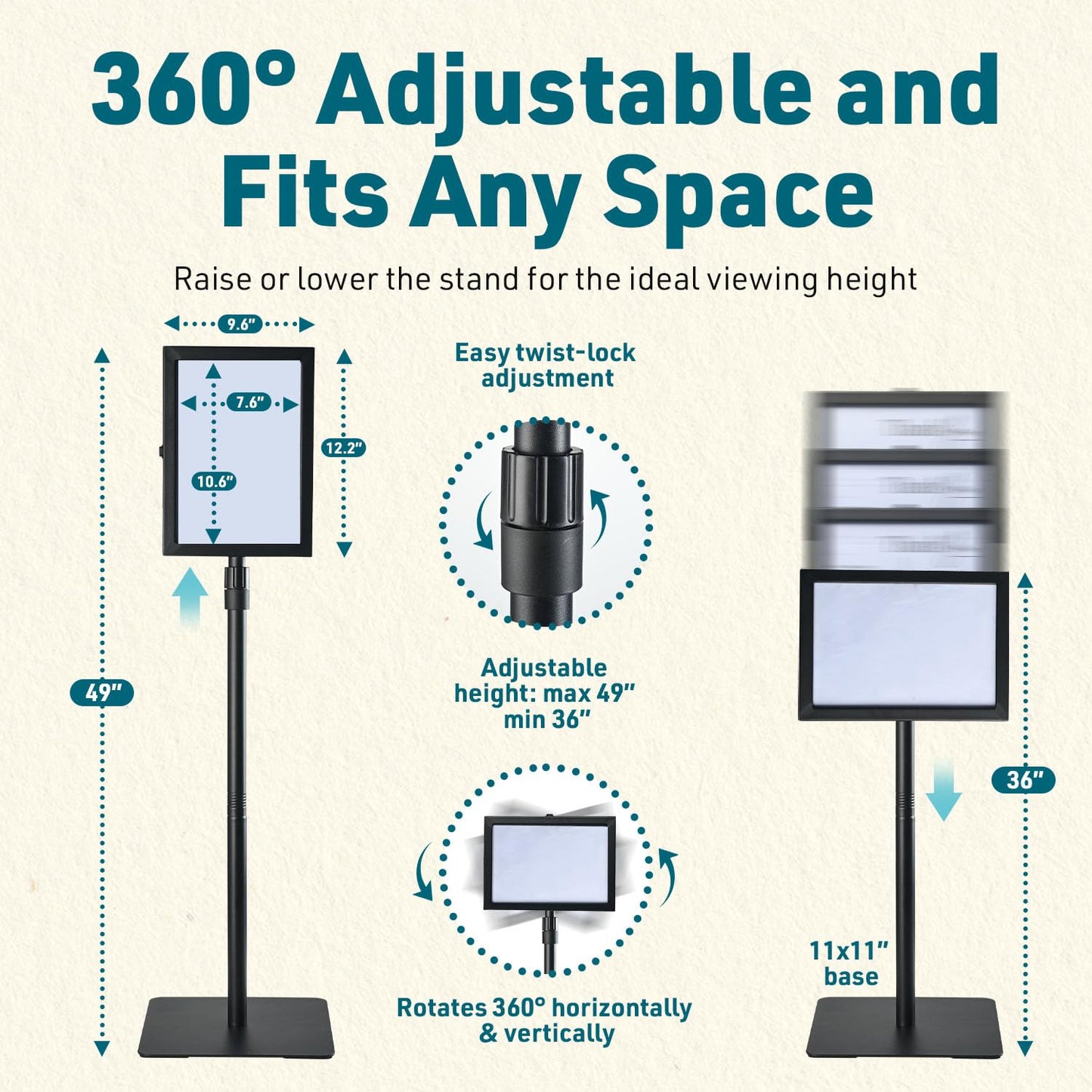 1 PACK Double-Sided Adjustable Heavy Duty Pedestal Sign Holder Stand for Display - Indoor/Outdoor Floor Sign Stand with Base 8.5x11 inches (Horizontal and Vertical Orientation) - includes dry erase marker