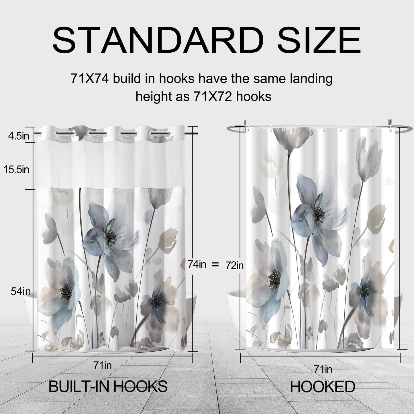 CTOTSYC No Hook Shower Curtain and Liner Set, Blue and Grey Boho Floral Shower Curtains for Bathroom, Watercolor Flower Waterproof Bathroom Curtain Sets with Snap in Liner, 71x74 Inch