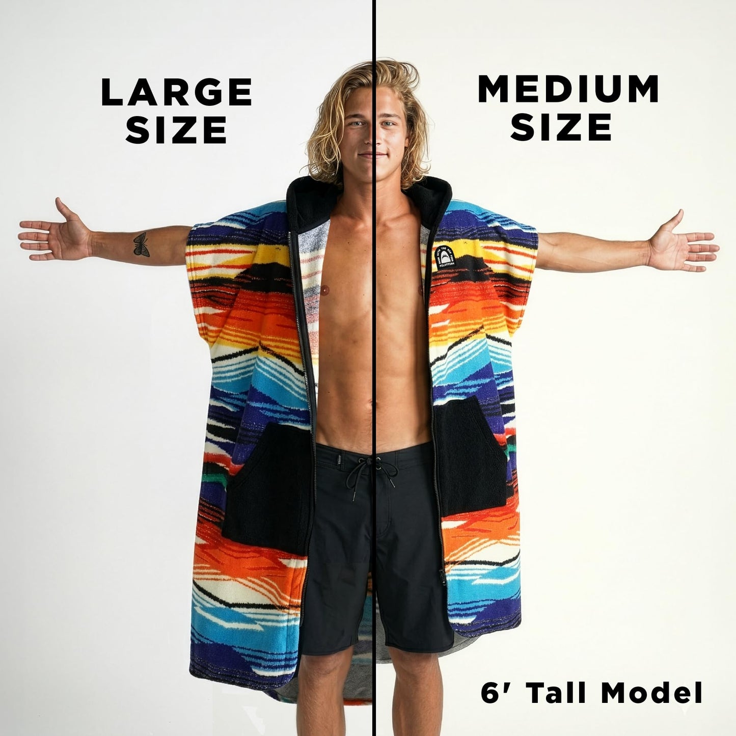 Pilotfish Surf Poncho Changing Robe Towel - Hooded, Zippered Towel Poncho for Beach, Surfing, Swimming | 2 Front Pockets, Machine Washable, (Serape, Large)