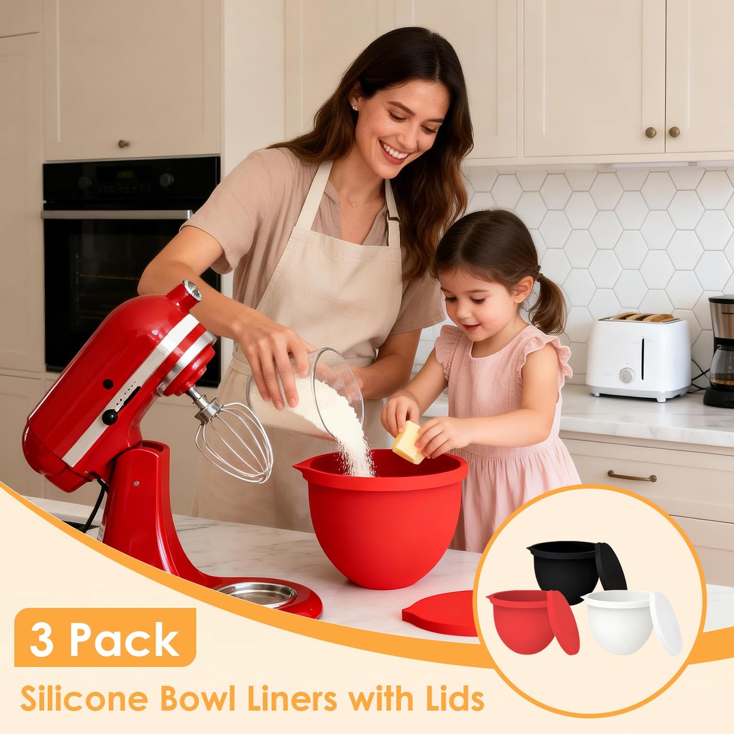 Ezato 4.5/5QT Silicone Bowl Liners for KitchenAid Tilt-Head Stand Mixer, 3 Liners with Lids, Dishwasher Safe, Odourless, Heat-Resistant Safe, Mixer Accessories and Attachments for KitchenAid