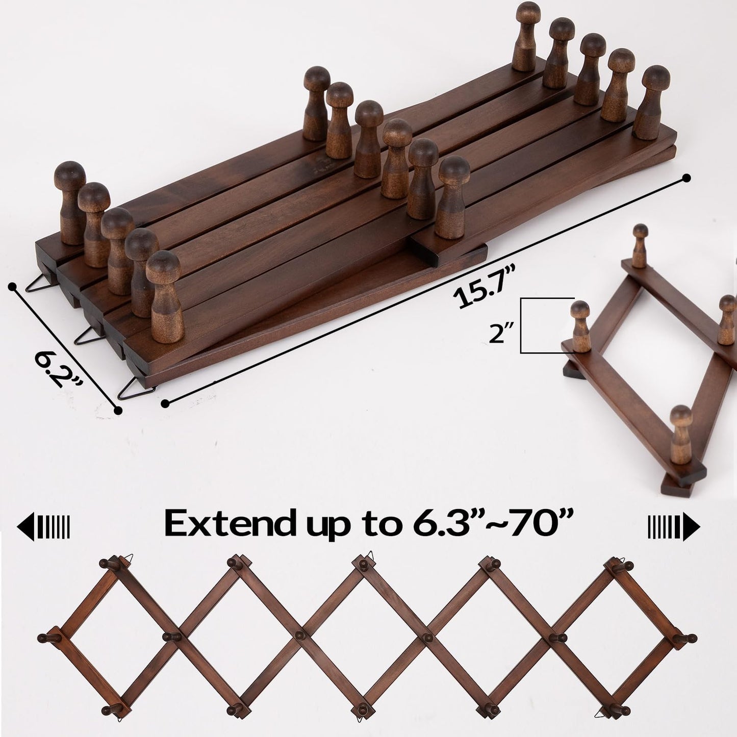 SCUNDA Hat Rack for Wall, Expandable Wall Hat Holder with 16 Hooks, 16 inch Wooden Wall Hook for Baseball Caps,Cowboy, Bag,Hoodie(Brown)