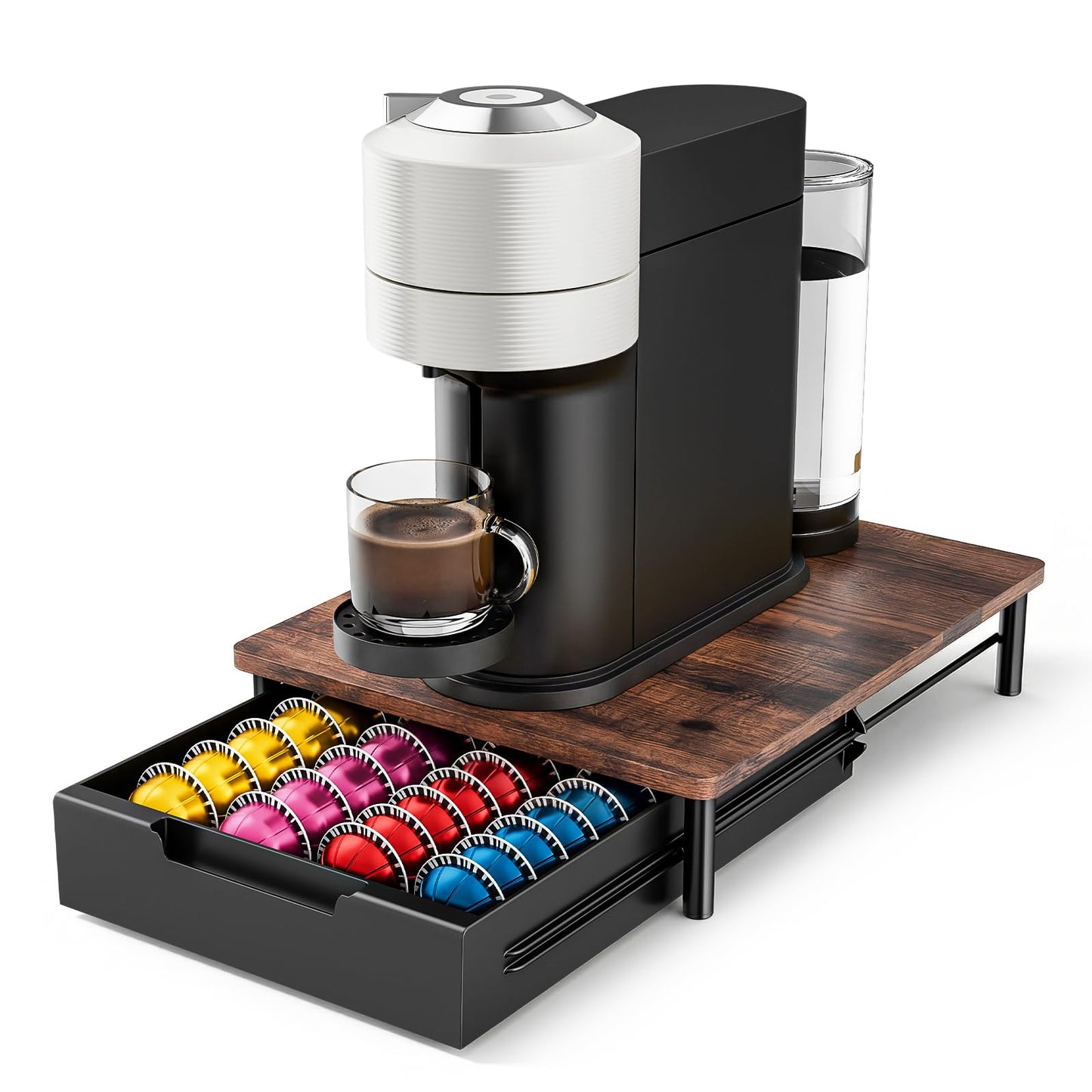 Coffee Pod Drawer Organizer for Nespresso Vertuo, Patented Flexible Slot Design Holds Up to 40 Large Capsules, Rustic Wood Look, Fits Under Coffee Machines