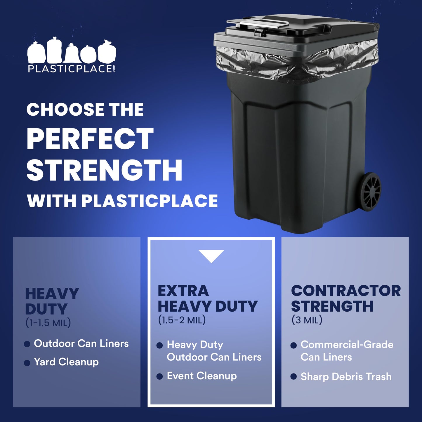 Plasticplace 95-96 Gallon Garbage Can Liners Heavy Duty 1.5 Mil Black Trash Bags Tear-Resistant Outdoor Garbage Bags for Rollaway Bins Large 61" x 68" Industrial-Strength Waste Bags (25 Count)