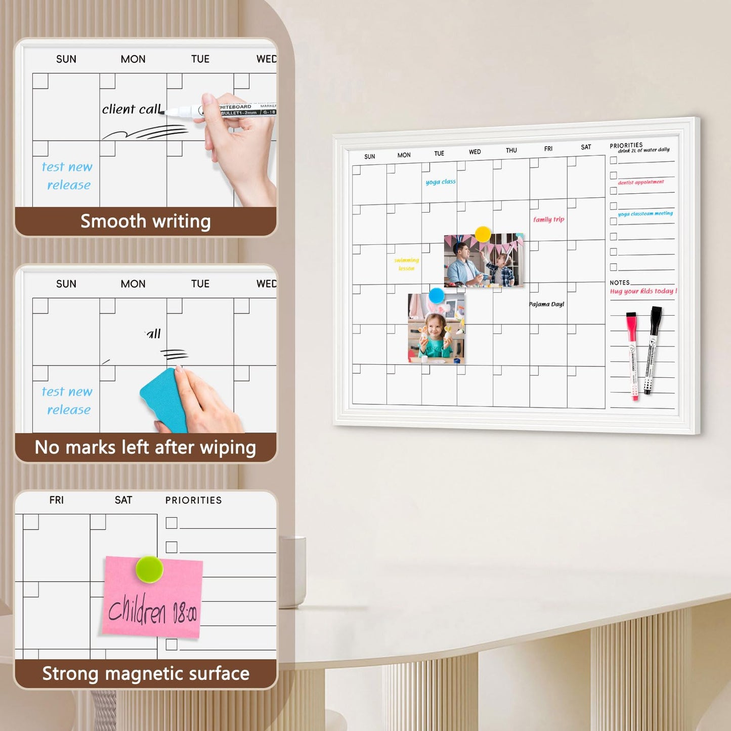 DOLLAR BOSS Magnetic White Board Calendar 36''x 24'', Monthly Dry Erase Planner for Wall with White Wood Style Frame for Office, School, Dorm, Home Decor
