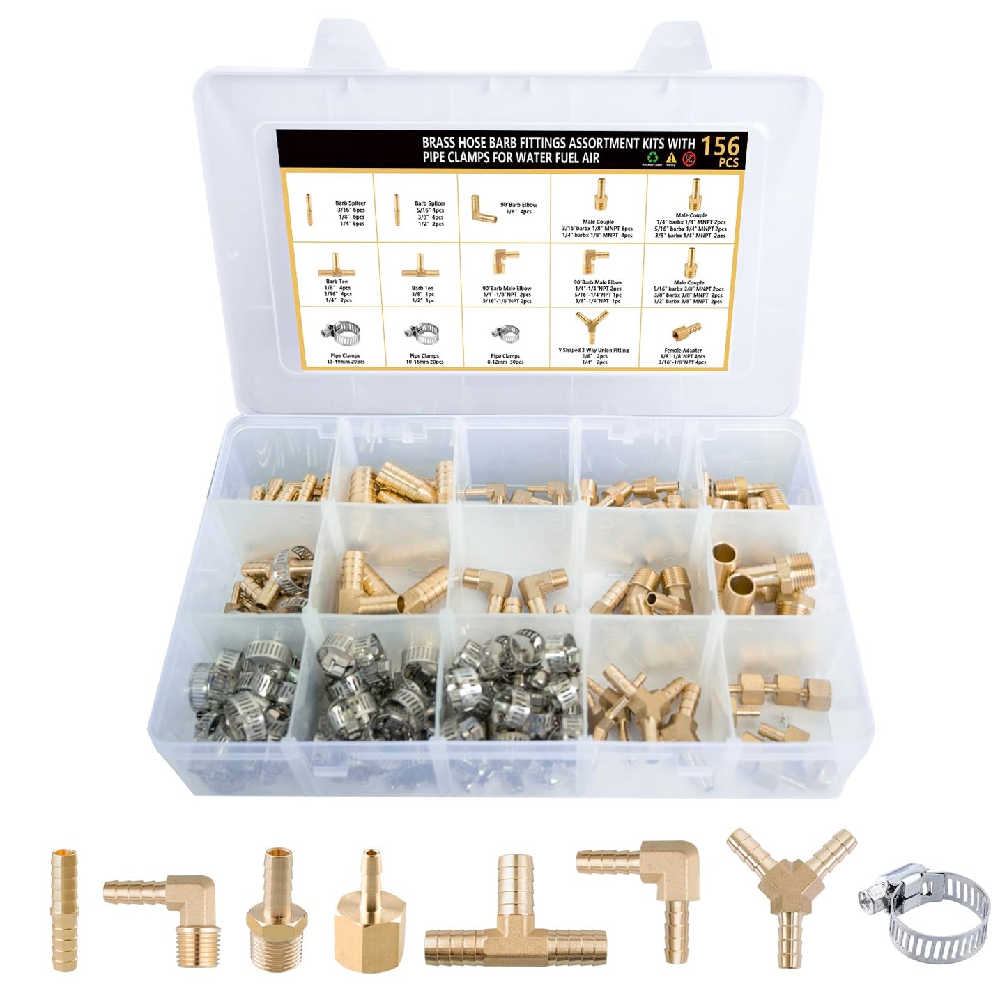 156Pcs Hose Barb Fuel Line Fittings Assortment Kit Barb Splice/Coupler/Female Adapter/Tee/Y Shaped Union/90°Male Elbow Thread 1/8" 3/16" 1/4" 5/16" 3/8" 1/2" Air Hose Fitting with Pipe Clamps for Fuel