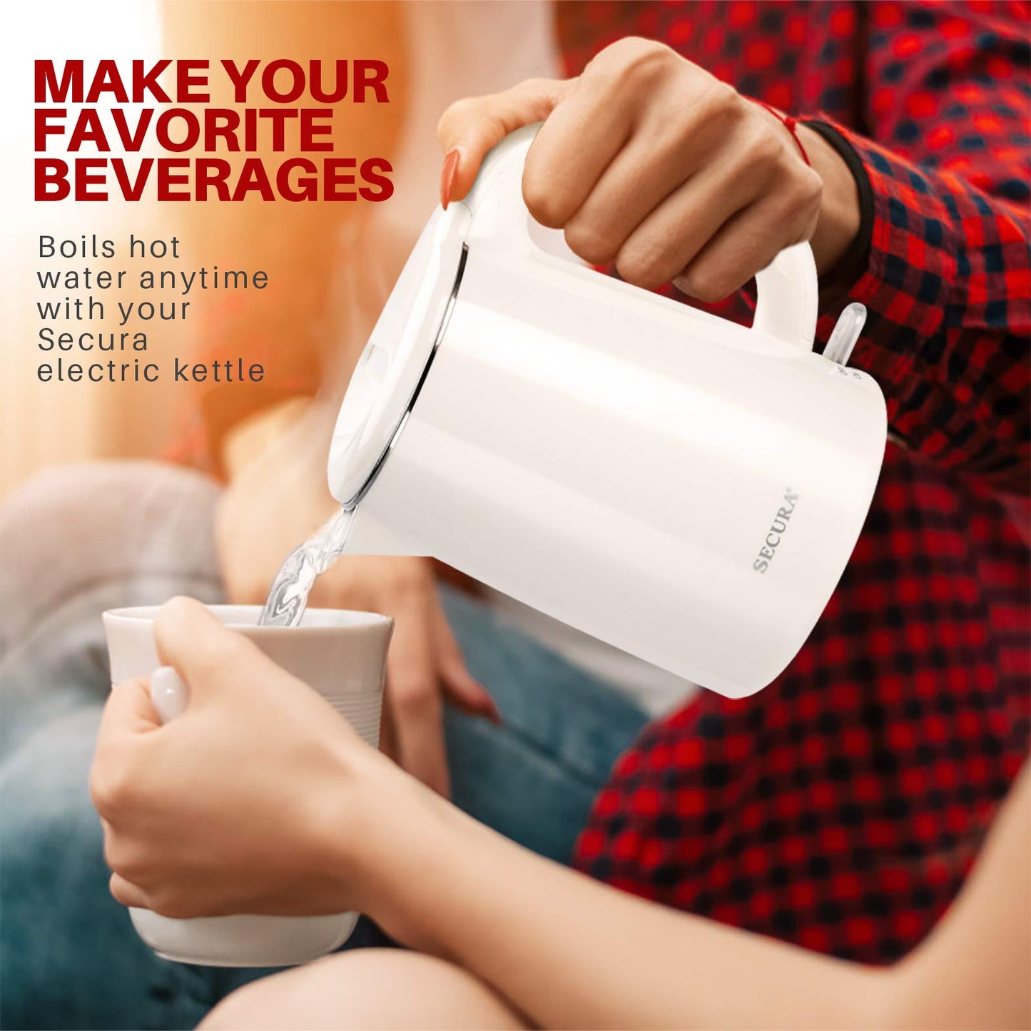 Secura Stainless Steel Double Wall Electric Kettle Water Heater for Tea Coffee w/Auto Shut-Off and Boil-Dry Protection, 1.0L (White) SWK-1001DW/HB-K012