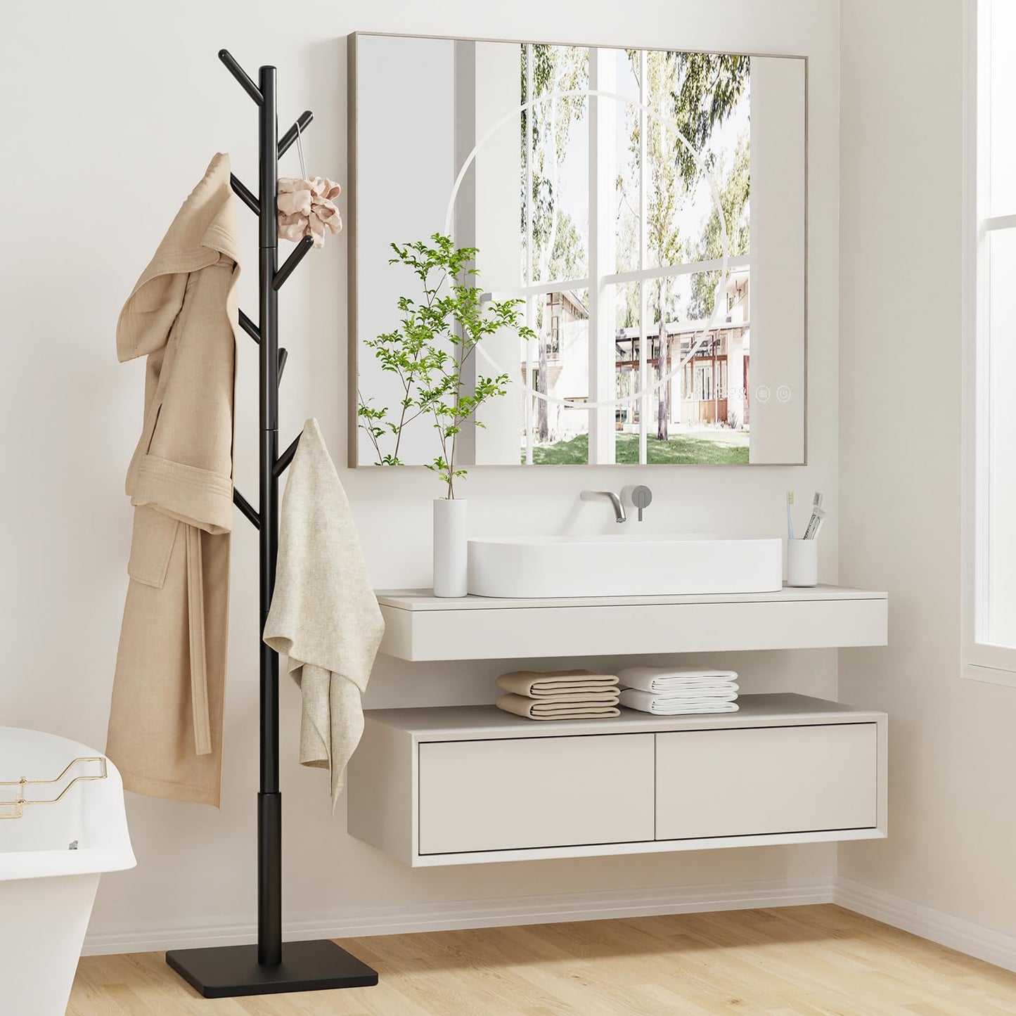 YheenLf Coat Rack Freestanding with Stable Square Base for Cloathes, Hat, Used in Bedroom, Office and Entryway, Sturdy and Easy Assembly Coat Tree with 3 Adjustable Sizes and 8 Hooks, Black