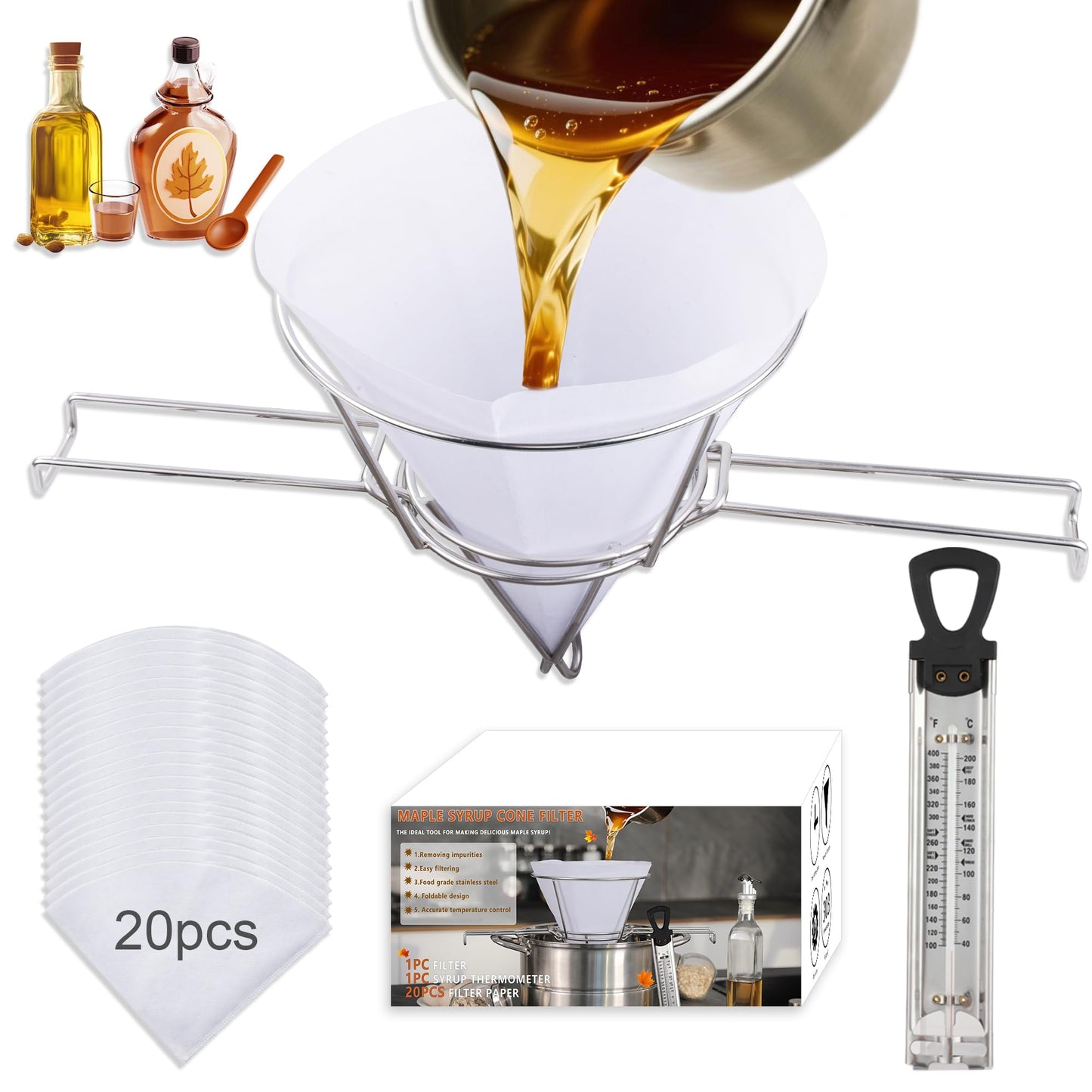 Oil Fryer Filters, Stainless Steel Filter Strainer with Thermometer, Cone Strainer Holder Stand with 20pcs Cone Filter Paper & Folding Arm to Deep Fryers, for Cooking Oil Filter and Maple Sap Making