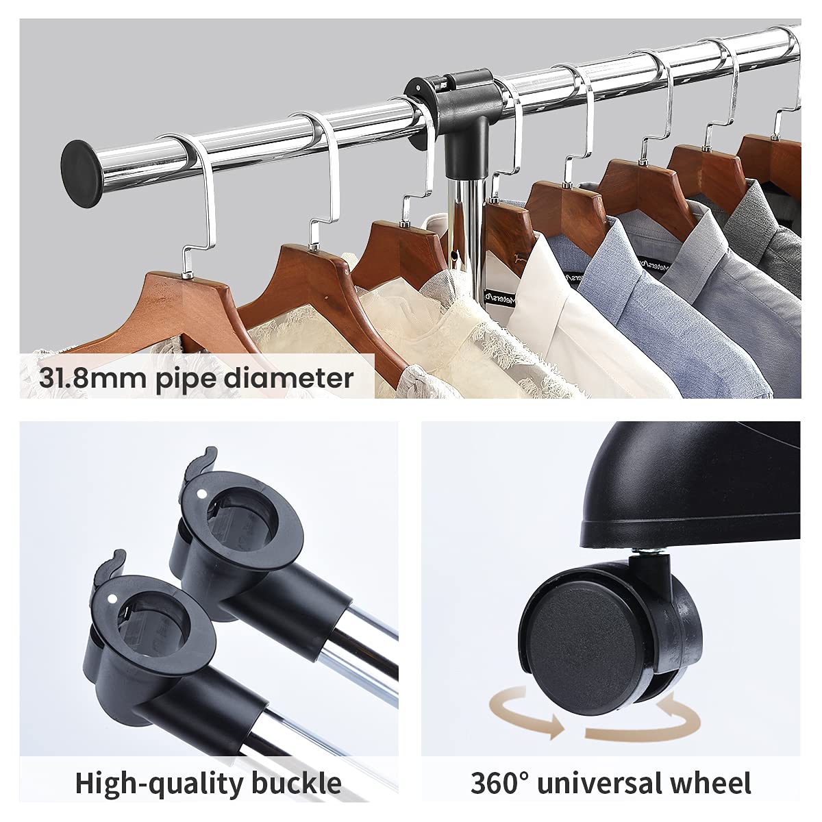 LiaMeE Adjustable Clothing Rack for Hanging Clothes, Heavy Duty Garment Rack with Wheels，Free Standing Rolling Clothes Rack with Shelf & Grid, Easy Assembly Standard Rod, Black & Chrome