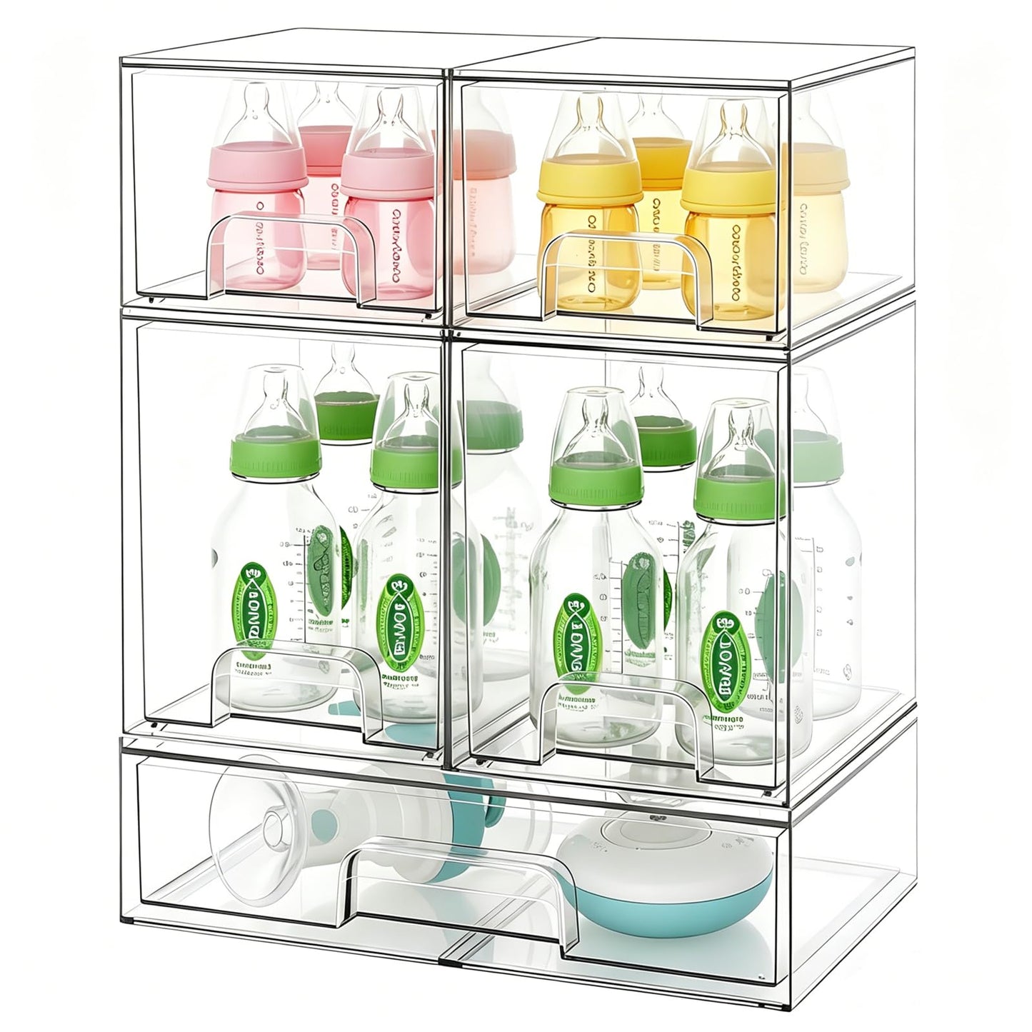 Baby Bottle Organizer Stackable, Acrylic Storage Drawers 5 pack with Non-Slip Pads, Pull-Out Drawers for Baby Bottle, Pump Parts, Pantry, Vanity Countertop (4.4" and 7.6" Tall and 12.1" Wide)