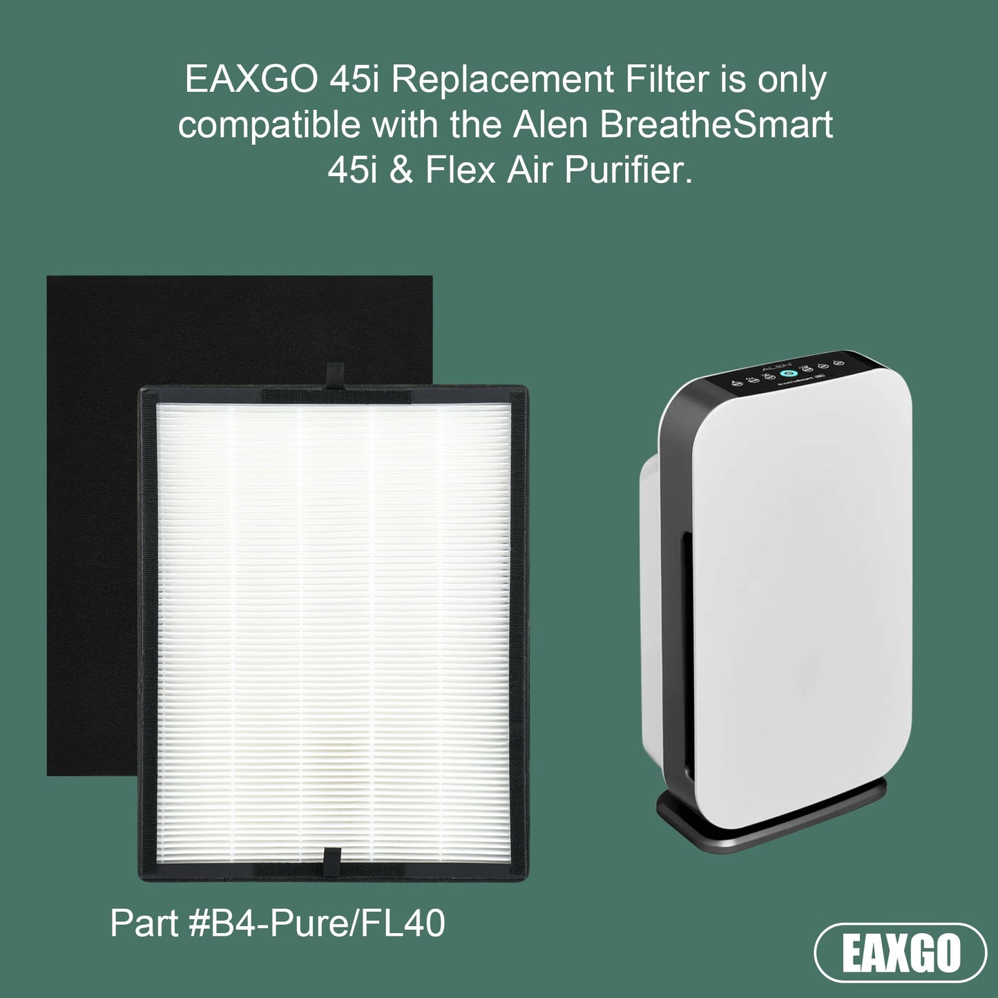 EAXGO 45i Replacement Filter Compatible with Alen BreatheSmart 45i & Flex Bh400 Air Purifier, 2 H13 True HEPA Filter with 4 Carbon Pre-Filters,Part #B4-Pure/FL40, 2 Pack
