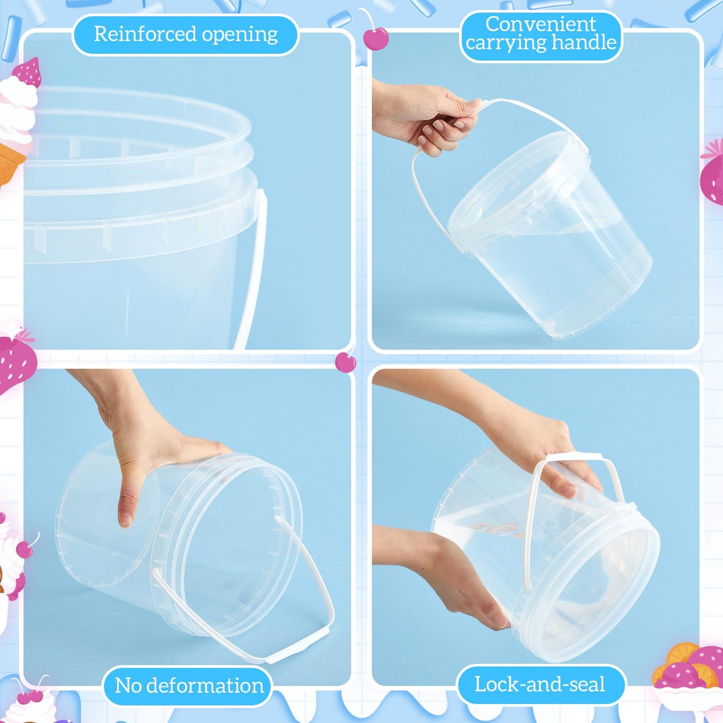 Afarnook 10 Pack 1 Gallon / 128 oz / 3.8 L Clear Plastic Bucket with Handle and Lids Food Storage Containers Freeze Safe Ice Cream Tubs for Deli Kitchen Drinks Home