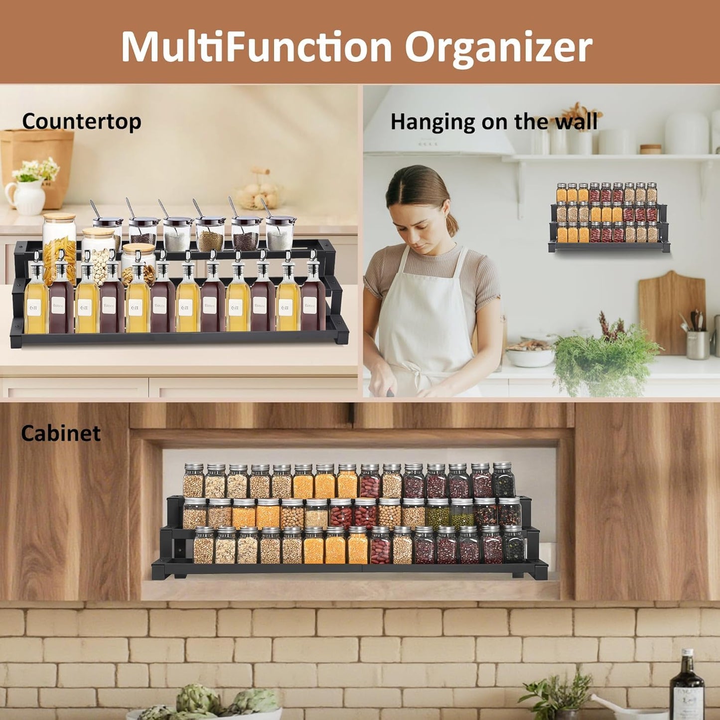 GOENDR Expandable Spice Rack Organizer for Cabinet, 3 Tier Metal Spice Organization,16"-29.5" Wide Adjustable Seasoning Organizer, Display Shelf, Canned Goods Organizer for Pantry Kitchen Countertop