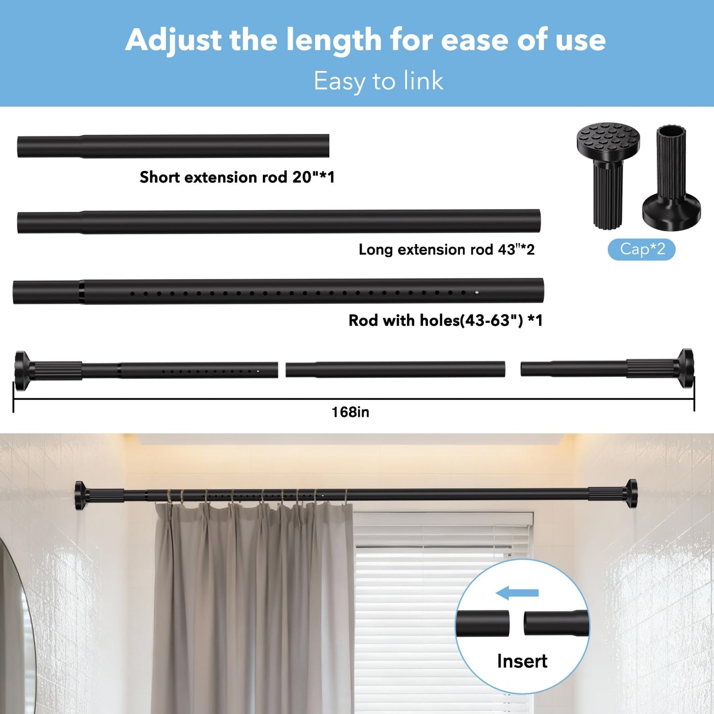 Tension Curtain Rod No Drilling 51–168In (14Ft), Outdoor Curtain Rods for Patio Windows, Extra Long Adjustable Curtain Rod,Shower Curtain Rod for Bathroom,Heavy Duty Tension Rod Renter Friendly, Black