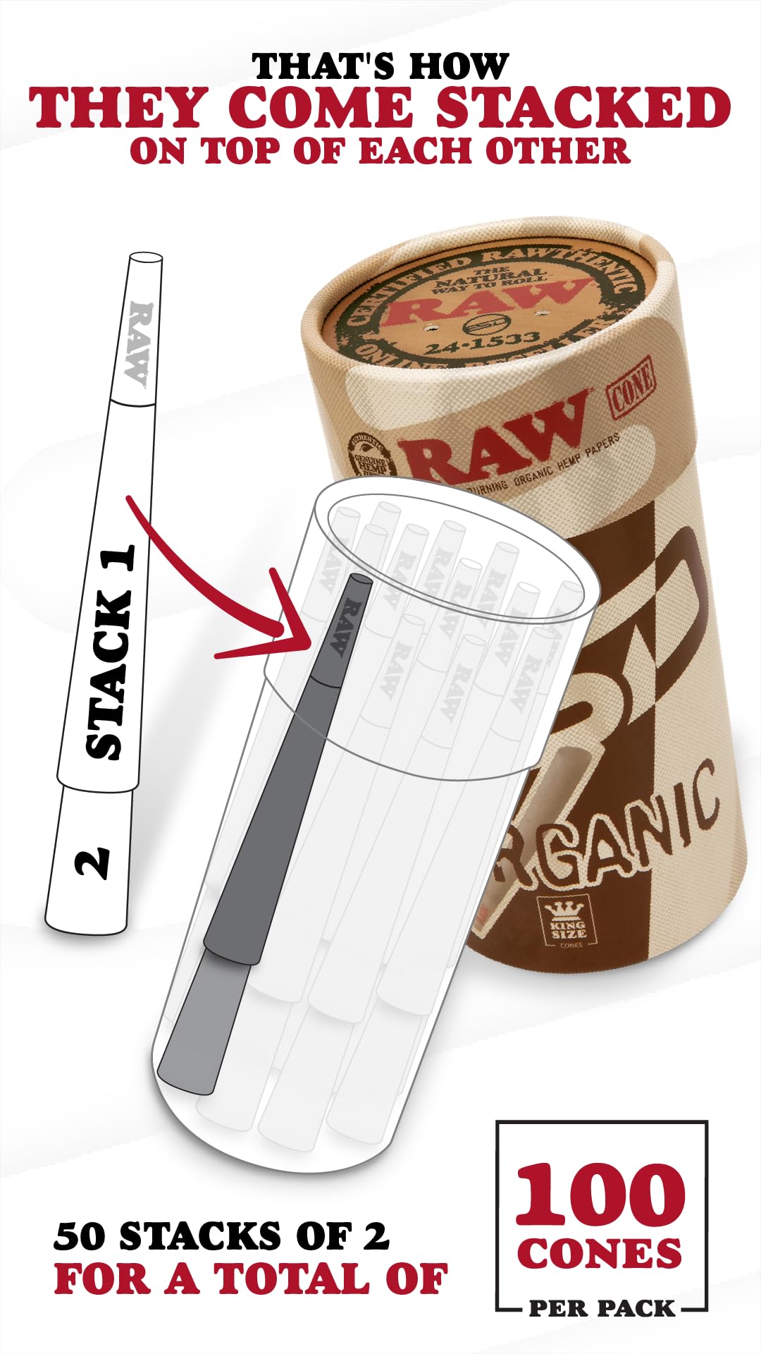 RAW Cones Organic King Size - 100 Pack - Slow Burning Pre Rolled Cones with Tips Included