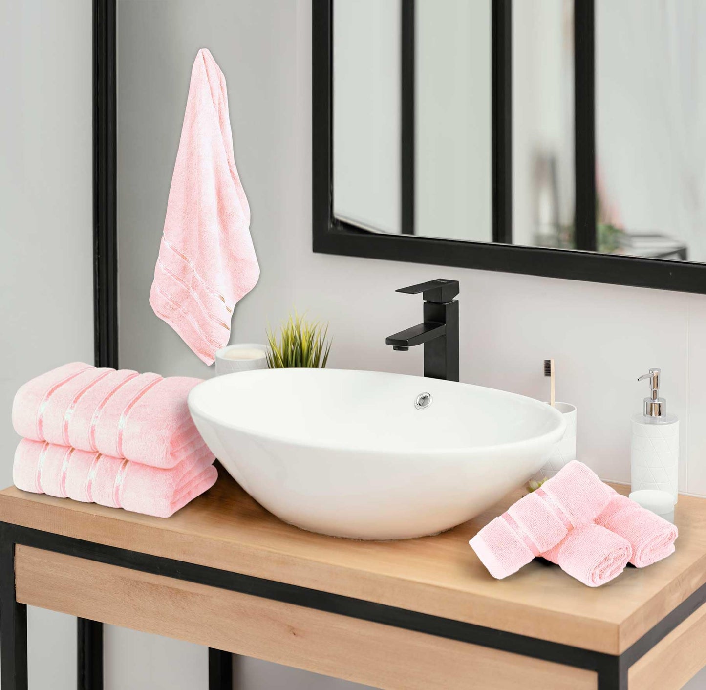 YRALY Luxury Pink Towel Set of 8-2 Bath Towels 2 Hand Towels 4 Washcloths - 600 GSM 100% Cotton Ring Spun Viscose Border Towels Set - Light Pink