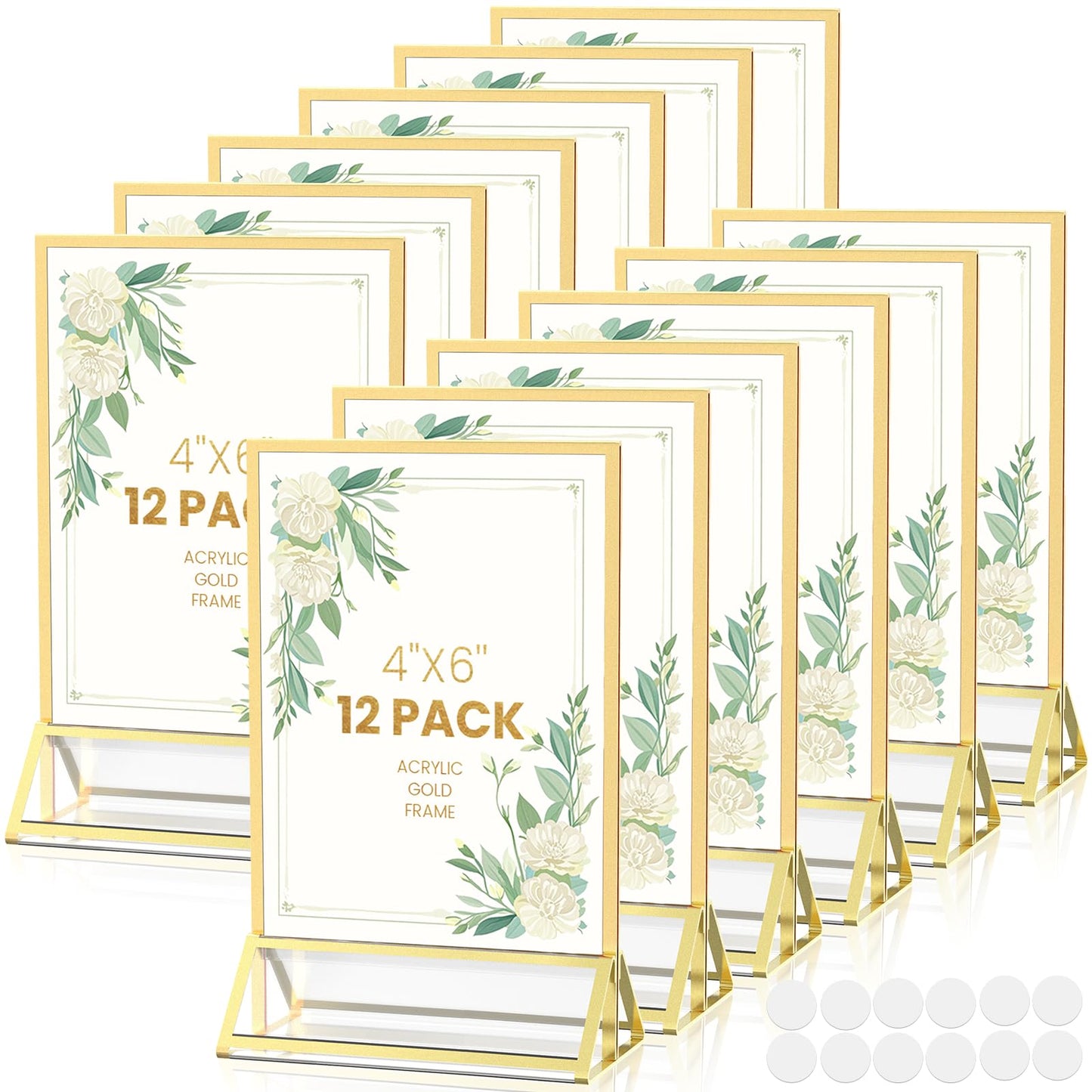 YOAEAILY Gold Frames 4X6 Acrylic Sign Holder Double-Sided Gold Picture Frames for Menu Holder Wedding Table Number Holder Christmas Photo Frames with Removable Clear Sticky Dots-12 Pack