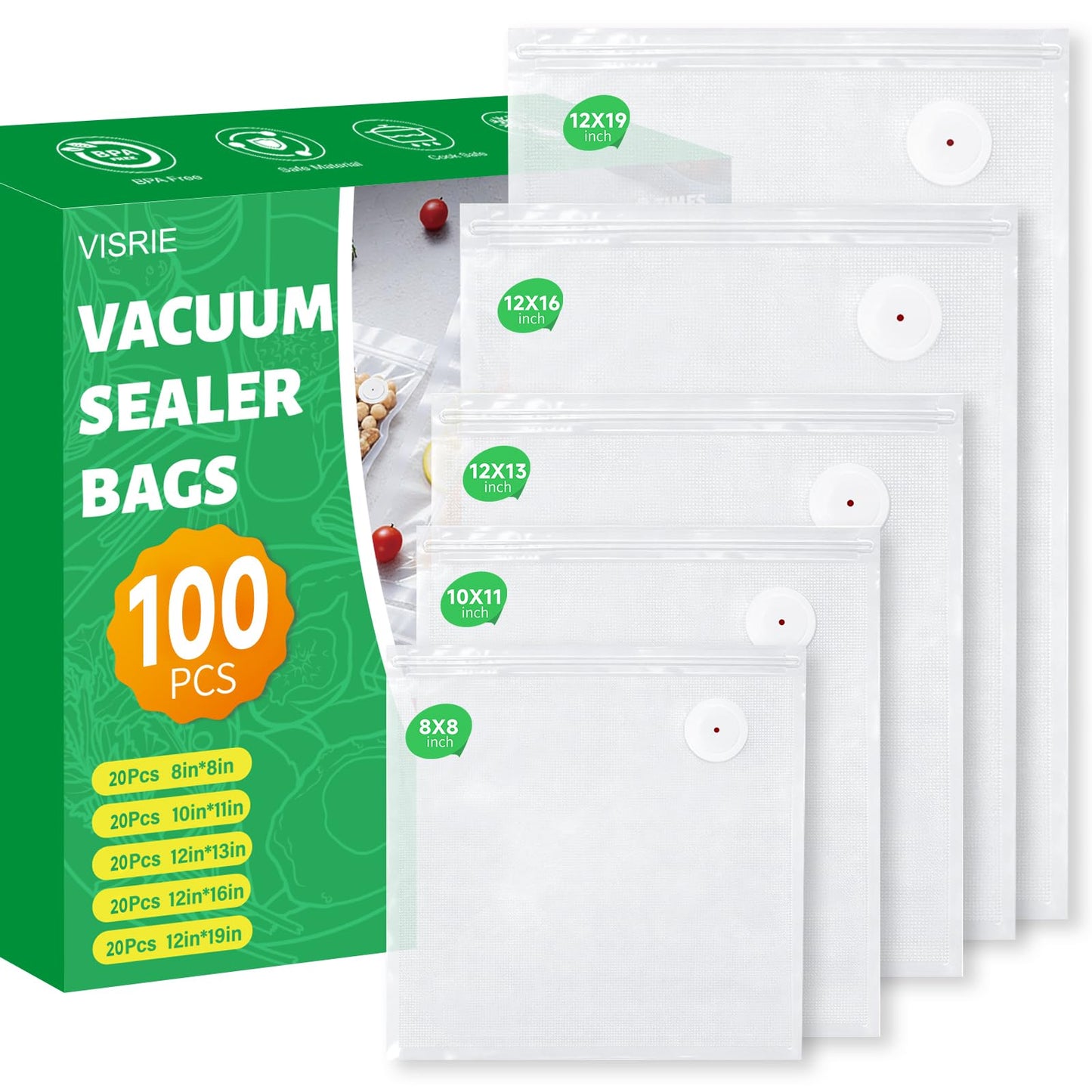 VISRIE 100Pcs Reusable Vacuum Sealer Bags for Food, 5 Assorted Size, BPA-Free Food Storage Bags for Sous Vide Microwave Heating, Compatible with Handheld Sealer and Vac Sealer Machine
