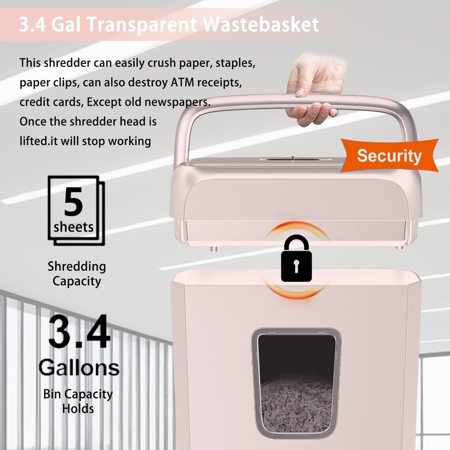 Bonsaii 5-Sheet Crosscut Shredder for Home & Office, Shreds Paper, Credit Cards, Staples & Paper Clips, 3.4-Gallon Pullout Bin, Compact & Stylish in Pink
