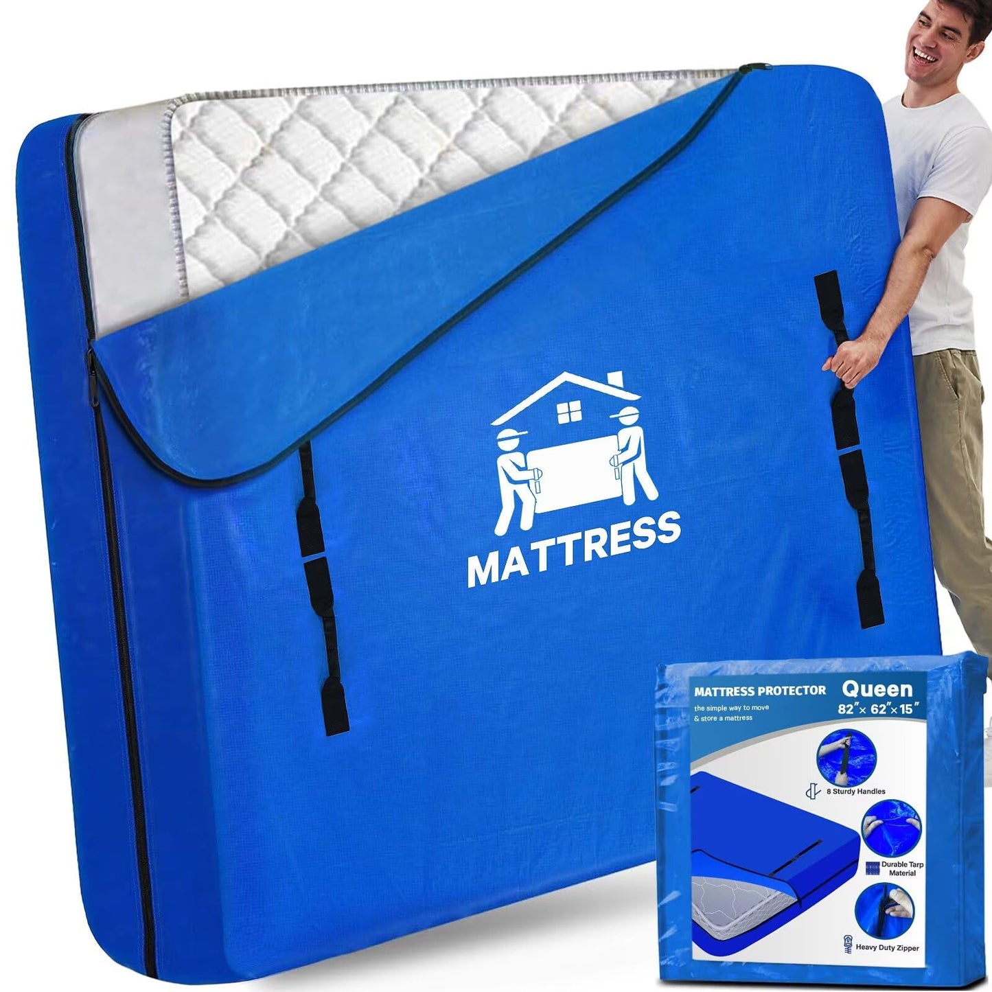 Mattress Bags for Moving, BETU Mattress Protector Waterproof Mattress Cover Queen Size Storage Bags with 8 Heavy-Duty Handles and Zipper for Bed Extra Thick Large Reusable (82"x62"x15" Blue)