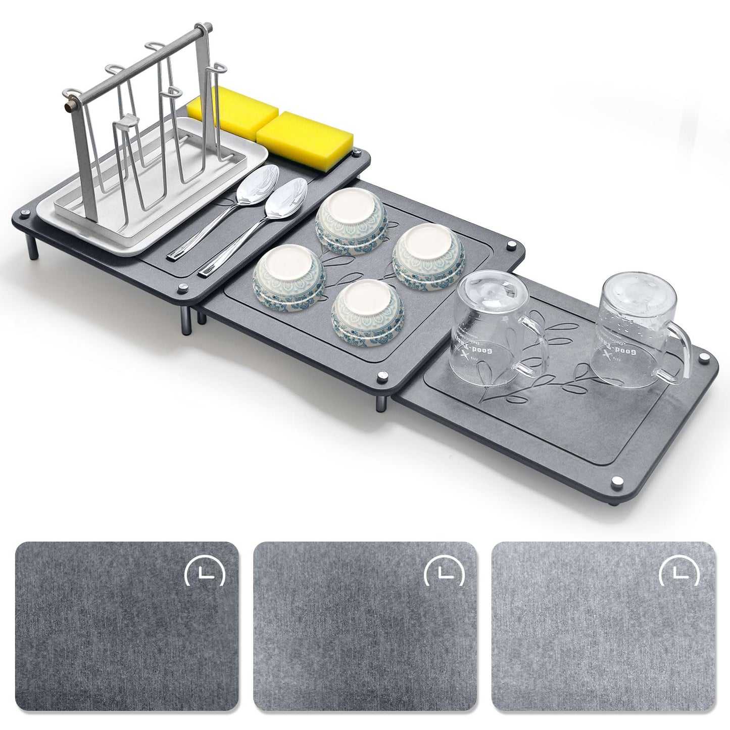 3Pcs Nesting Stone Drying Mat for Kitchen Counter, Quick Drying Dish Drying Mat with Non-Slip Feet, Super Absorbent Heat Resistant Diatomaceous Earth Dish Drying Mat for Dishes, Bottles, Cups-Leaf
