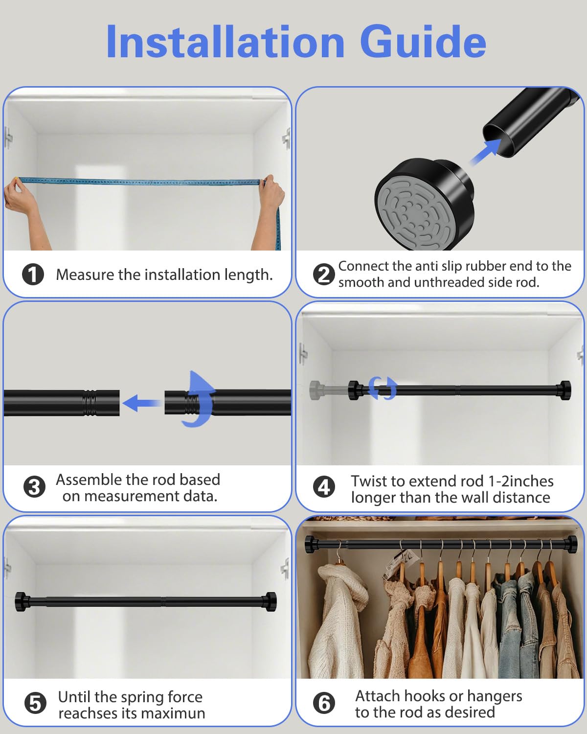 Supforce No Drilling Closet Rods for Hanging Clothes, Non Slip Tension Rod with Heavy Duty Clothes Hanging Rod, 17-69 Inches Adjustable Spring Closet Rod for Closet Wardrobe Bathroom Laundry RV, Black