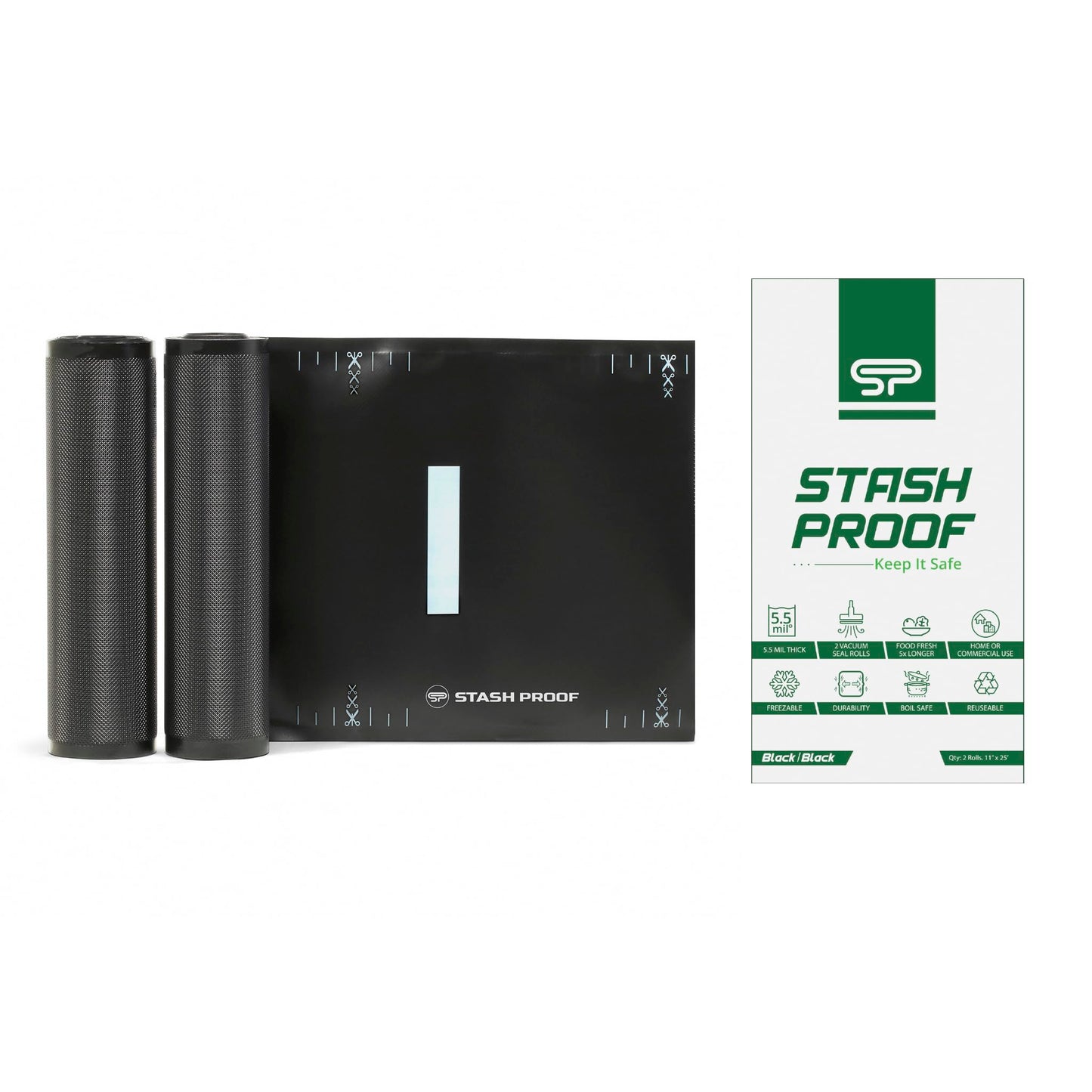 Stash Proof Vacuum Seal Rolls 11" x 25' 2 Pack (50 Feet Total) (Black and Black) 5.5 Mil - BPA Free Commerical Grade Food Saver for Storage, Sous Vide, and Meal Prep Sealer Bag