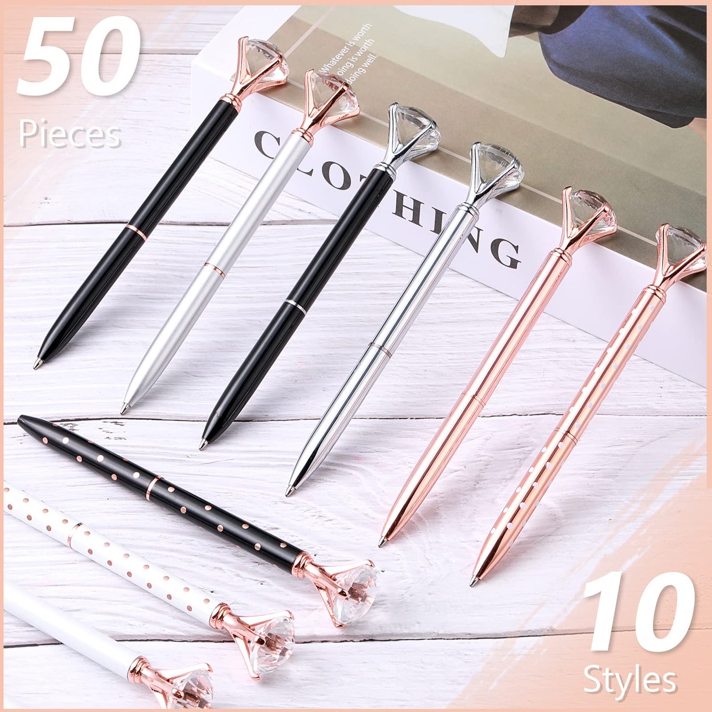 Leinuosen 50 Pcs Bulk Diamond Pens with Crystal Bridal Shower Gifts Metal Bling Ballpoint Pens with Black Ink for Bridal Shower Wedding Party Office School(Classic Color)