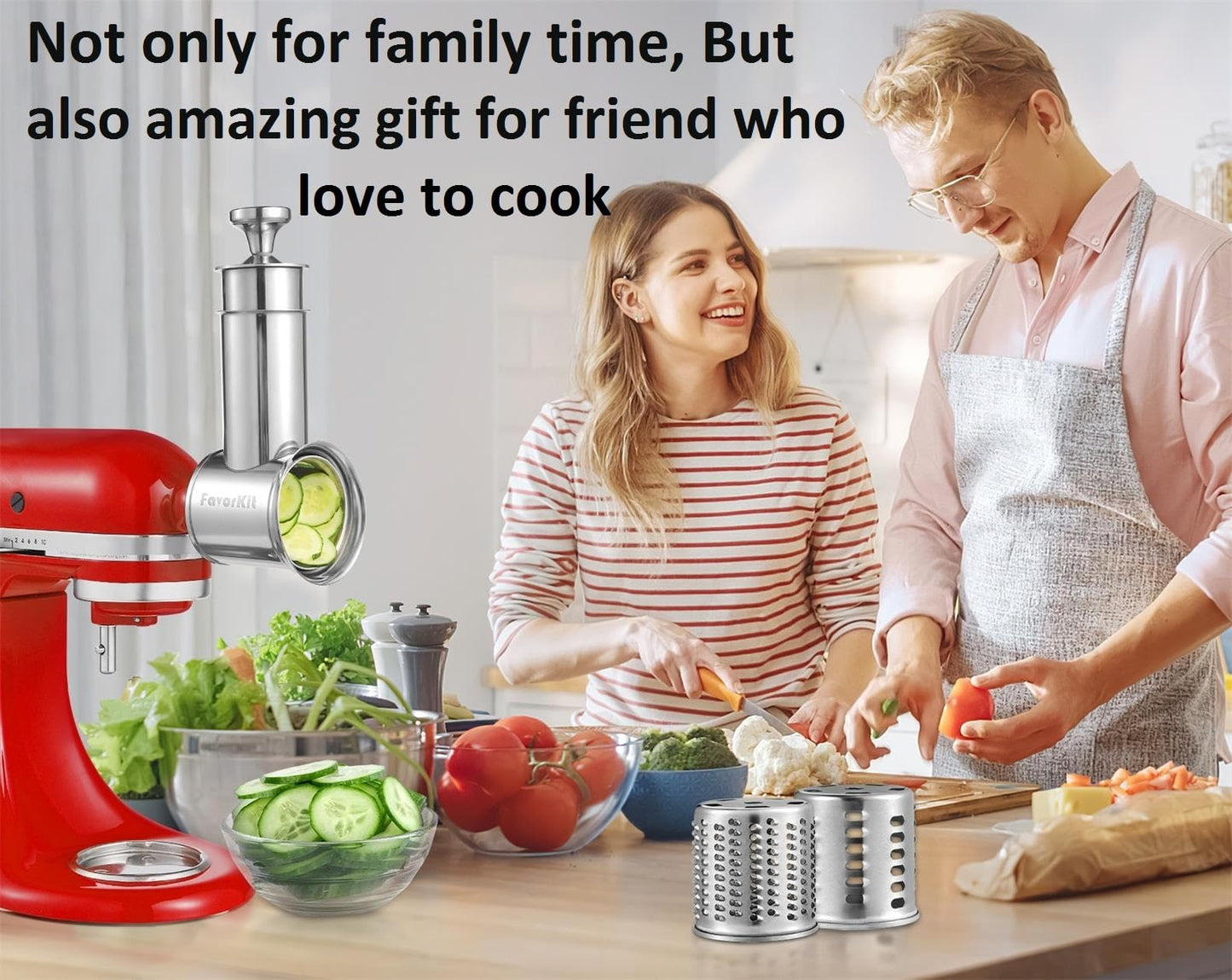 FavorKit Slicer Shredder Attachment for KitchenAid Mixers, Stainless Steel Cheese Grater Vegetable Salad Maker Accessories with 3 Cutting Blades,Dishwasher Safe!