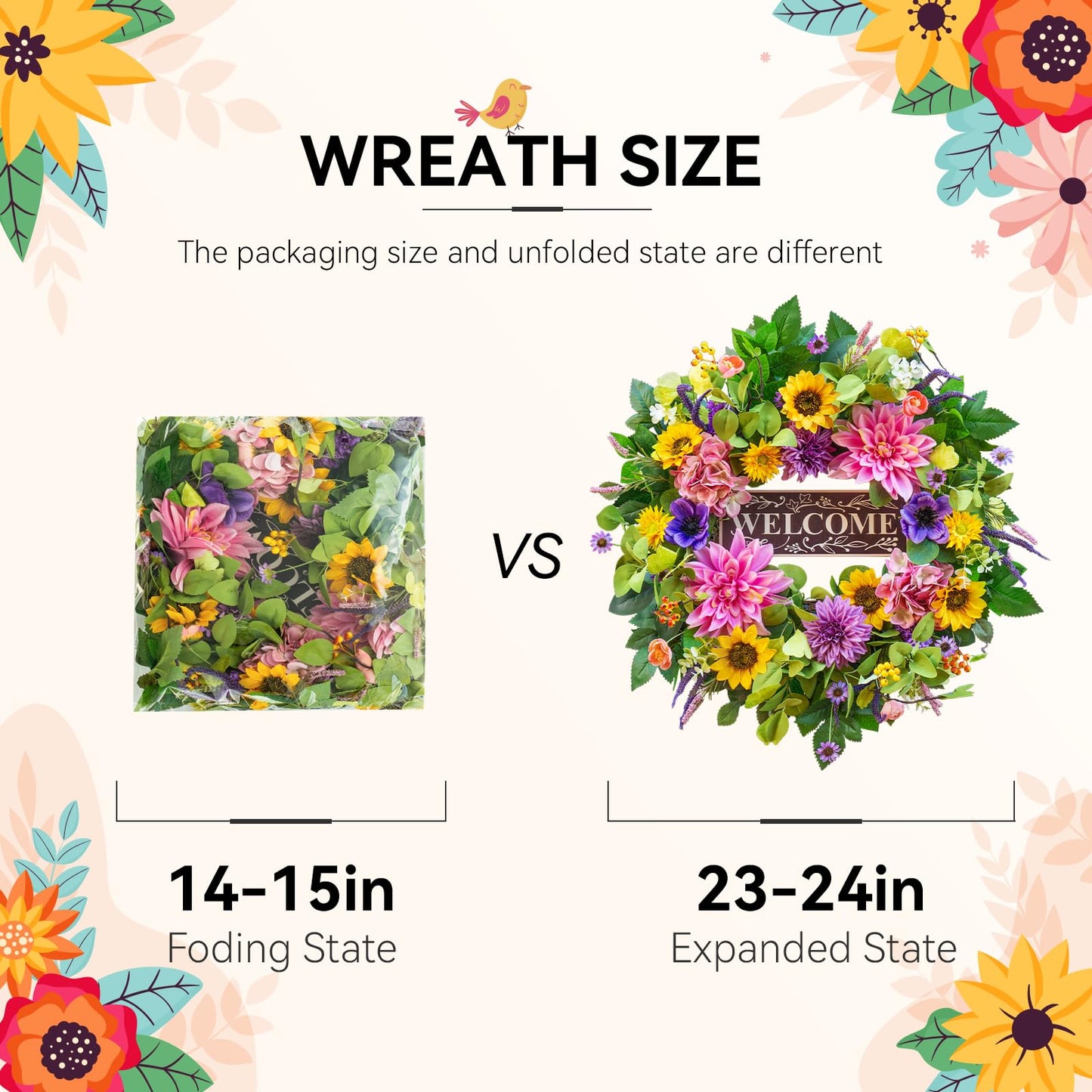Spring and Summer Wreaths for Front Door 24 Inch Summer Wreath with Lifelike Sunflower,Pink and Purple Dahlia Spring Door Wreath with Welcome Sign,Outdoor Decor