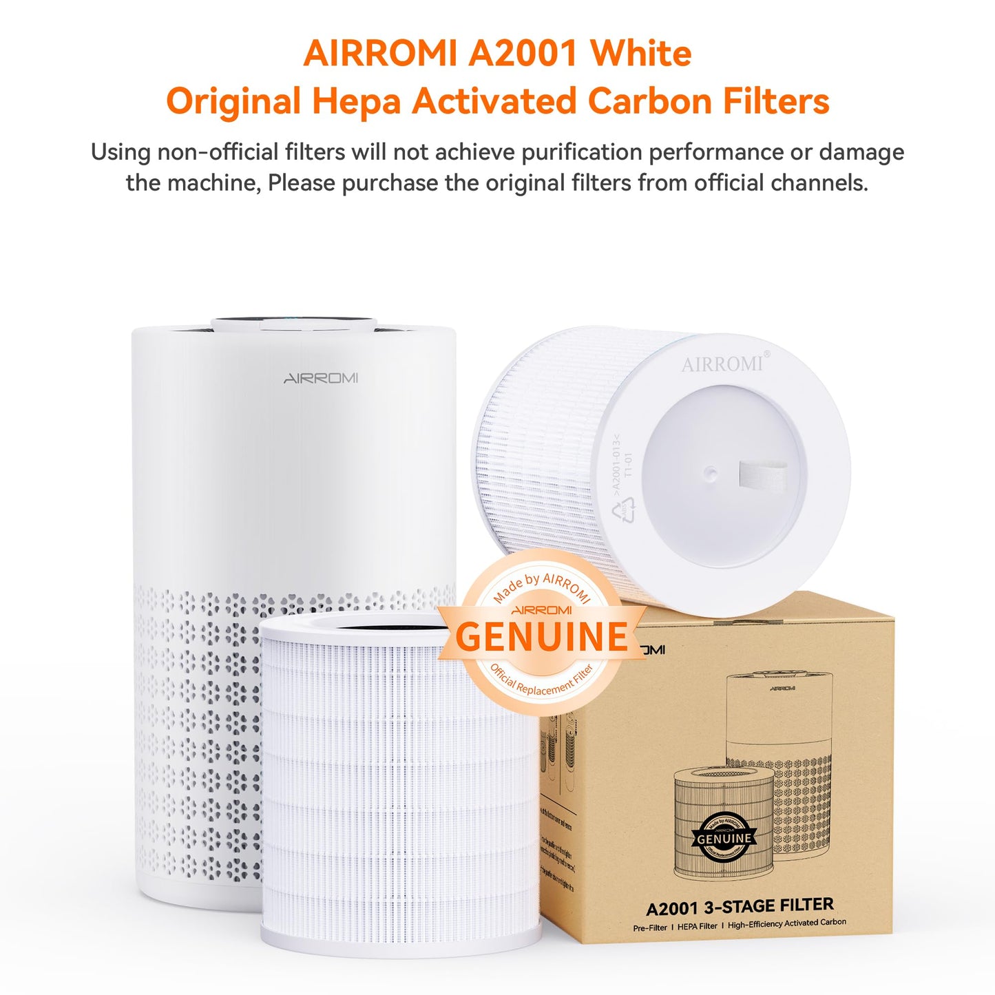 AIRROMI A2001 HEPA Air Purifier Replacement Filter, 3-In-1 Original Filter, Remove 99.97% of 0.3 Micron Particle 2 Pack White Activated Carbon