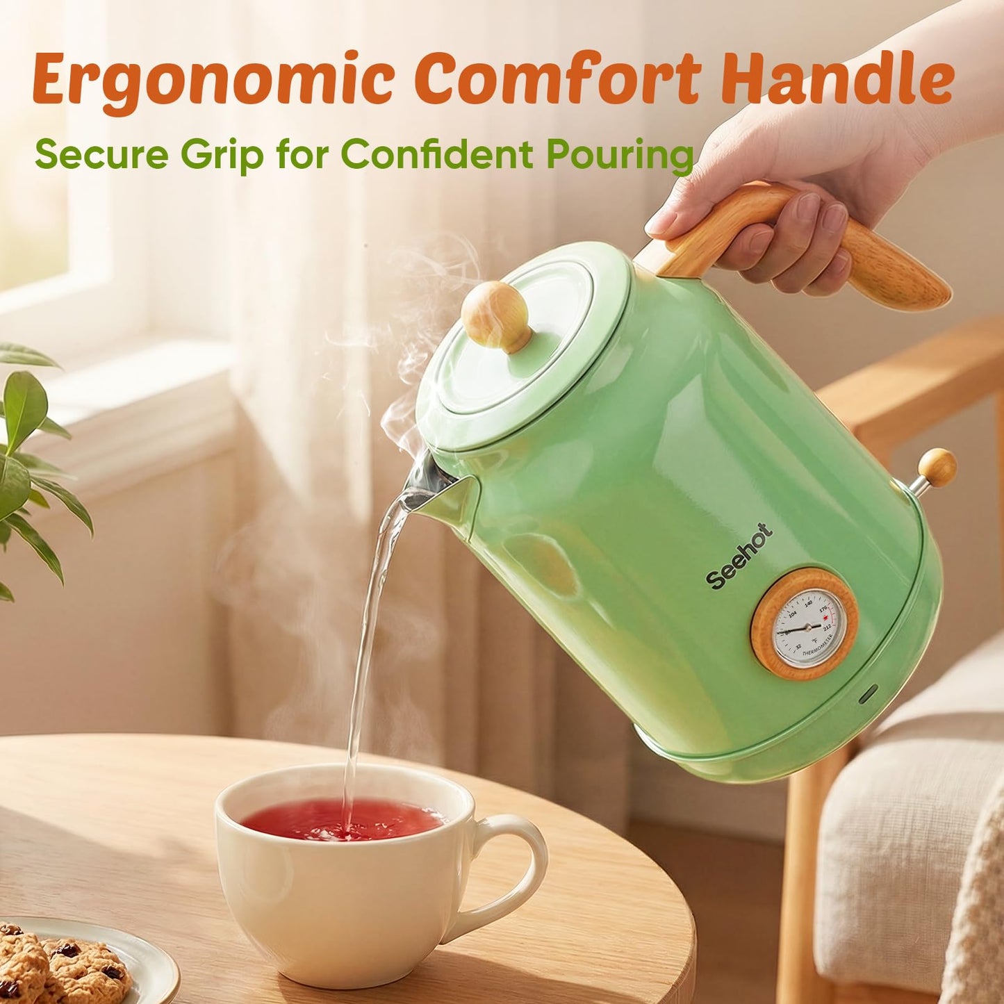 Seehot® 1.7L (57.oz) Electric Kettle with Thermometer, 1200W Large Electric Tea kettle with 304 Stainless Steel,Auto shut off,Hot water kettle Electric for Home,Office,Kitchens-Green