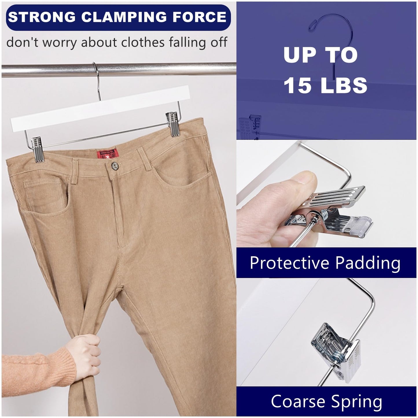 Amber Home 24 Pack White Wooden Pants Hangers with Clips, 14" Wood Skirt & Trousers Hangers, Closet Hangers for Jeans, Slacks, Shorts, with 2-Adjustable Clips (White, 24)