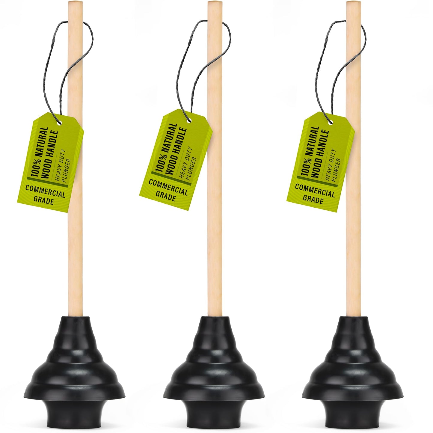 SteadMax XTS-65-PRO Heavy Duty Toilet Plunger, Commercial Grade, Powerful Double Thrust Force Rubber Cup with Wood Handle, for Clogged Bathroom, Shower, and Kitchen, 3 Pack (22" x 5.75")