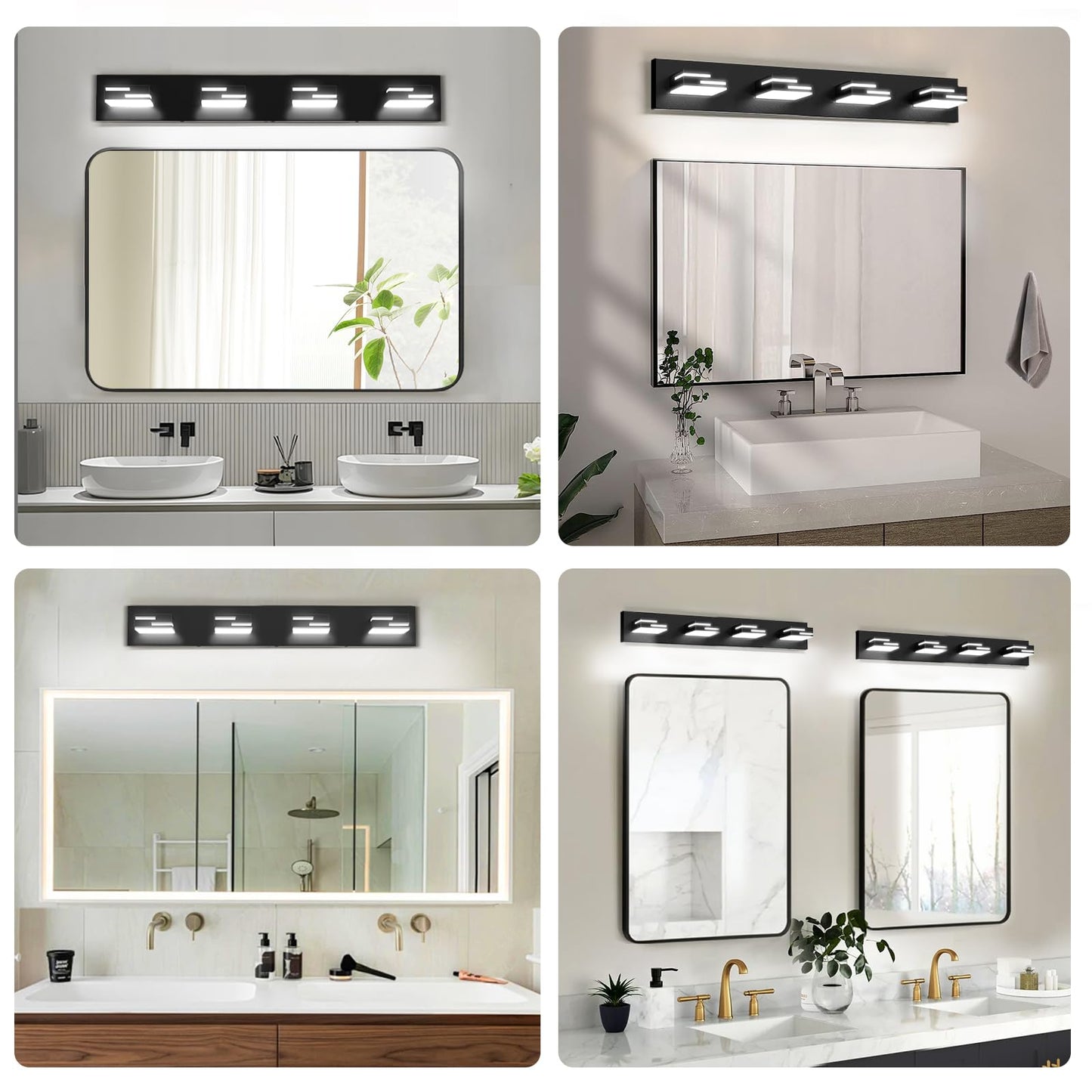 LKHF LED Modern Bathroom Vanity Light Fixtures, Dimmable Matte Black Vanity Lights for Bathroom Lighting Fixtures Over Mirror, with 360° Rotatable Acrylic Heads 4-Light 28-inch (Cool White 6000K)