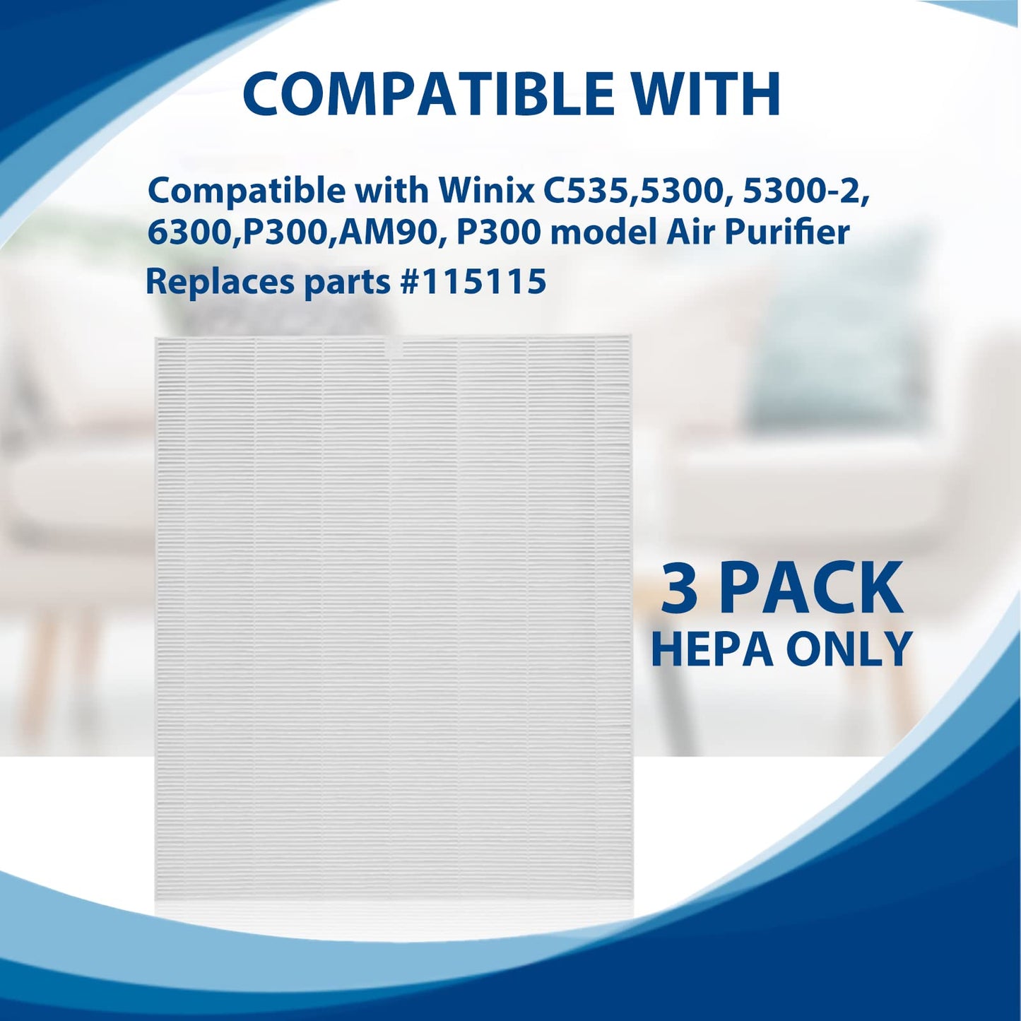 Fizerneer 115115 Size 21 Replacement Filter A Compatible with Winix C535 C909, Winix PlasmaWave 5300, 6300, 5300-2, 6300-2, P300 Plasma wave Air Cleaner Purifier, True HEPA Filter Only 3 Pack
