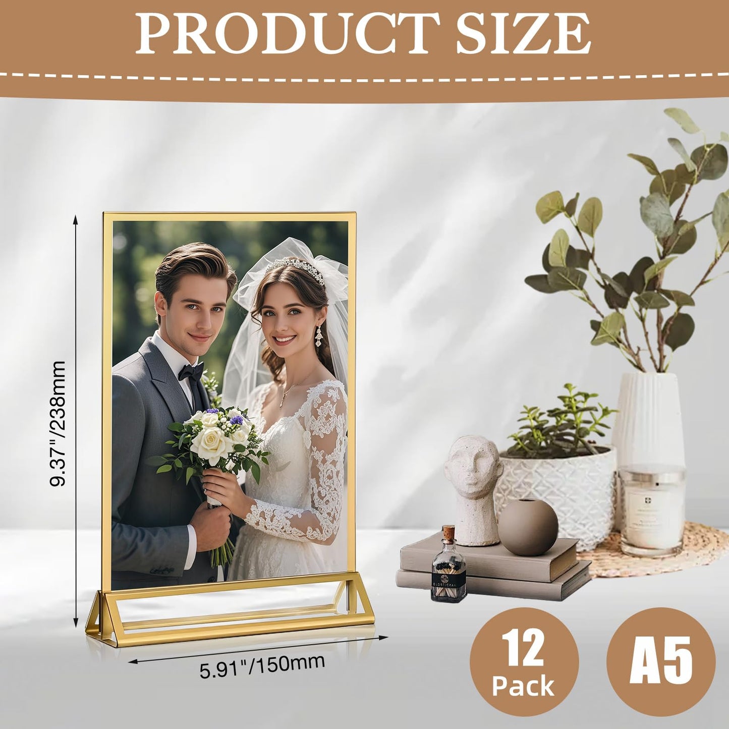 RETON 12 Pack Acrylic Sign Holder, A5 Clear Gold Frame Display Stand, Double Sided Picture Menu Flyer Holders, Wedding Table Number Frames for Cards Photo Party Decoration (A5)