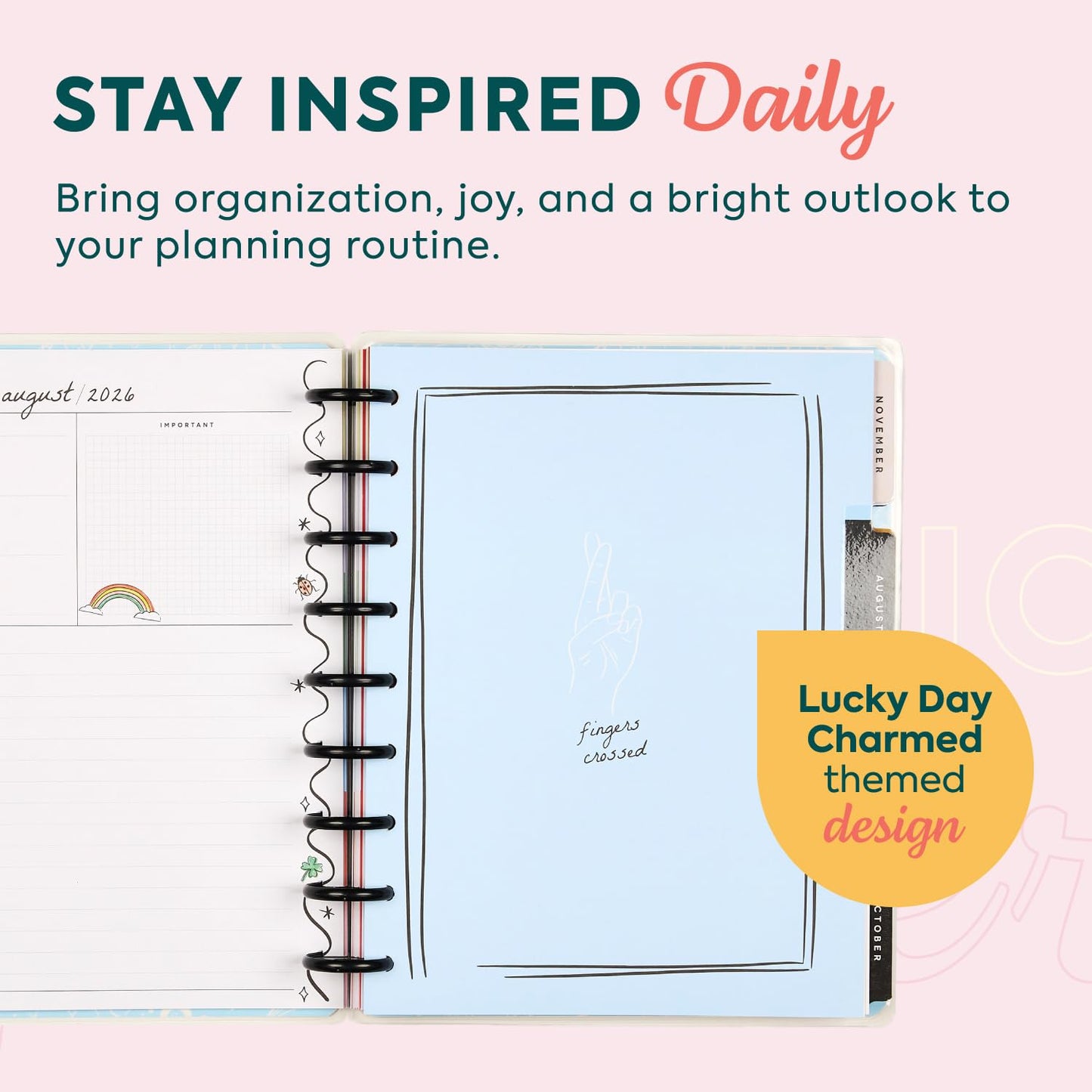 Happy Planner Disc-Bound Planner July 2026–Dec. 2027, 18-Month Planner, Classic Size, 7" x 9.25", Horizontal Layout, Lucky Day Charmed