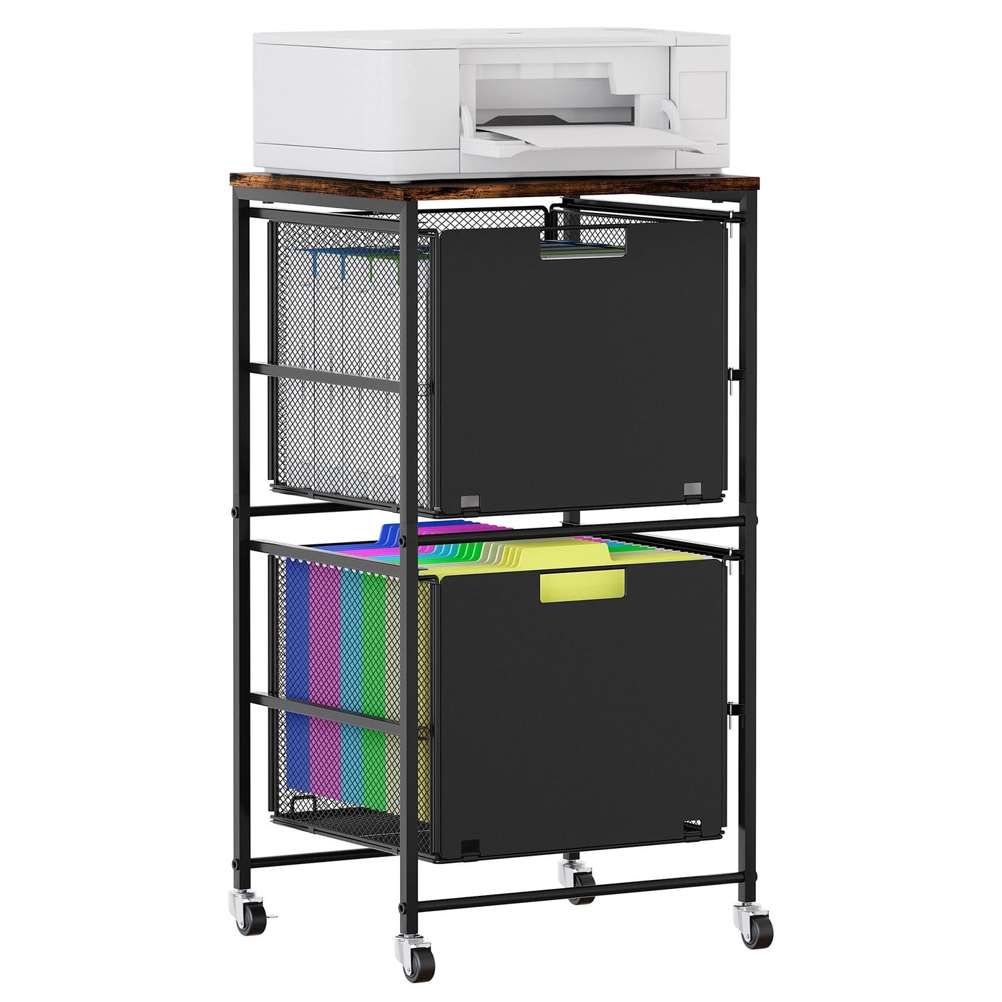 EasyPAG Rolling Storage Cart with 2 Drawers, Under Desk File Cabinet on Lockable Wheels, Movable Letter Size Hanging File Folder Organizer with Wooden Printer Stand for Home Office, Black
