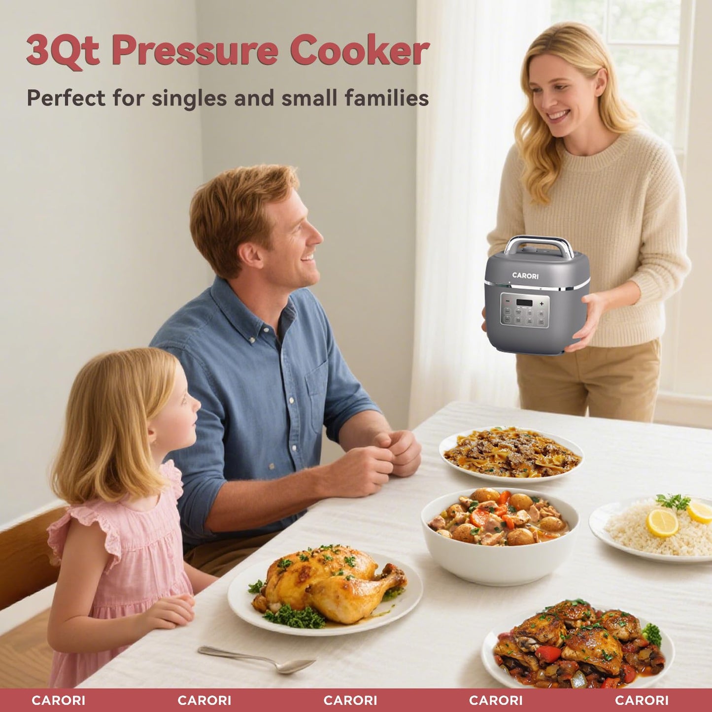 CARORI Electric Pressure Cooker 3QT, 8-Function Compact Multi-Cooker with Ceramic Nonstick Pot for Saute, Pressure Cook, Slow Cook, Meat Stew, Rice, Delay Start, Keep Warm, Safe Venting, Gray