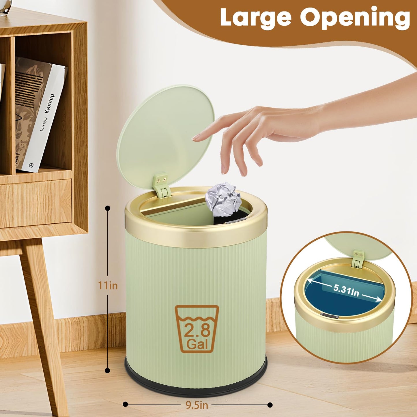 onlcuk Smart Touchless Bathroom Trash Can, 2.8 Gallon Automatic Motion Sensor Rubbish Can with Lid Electric Small Garbage Bin for Kitchen, Office, Toilet, Bedroom -Green